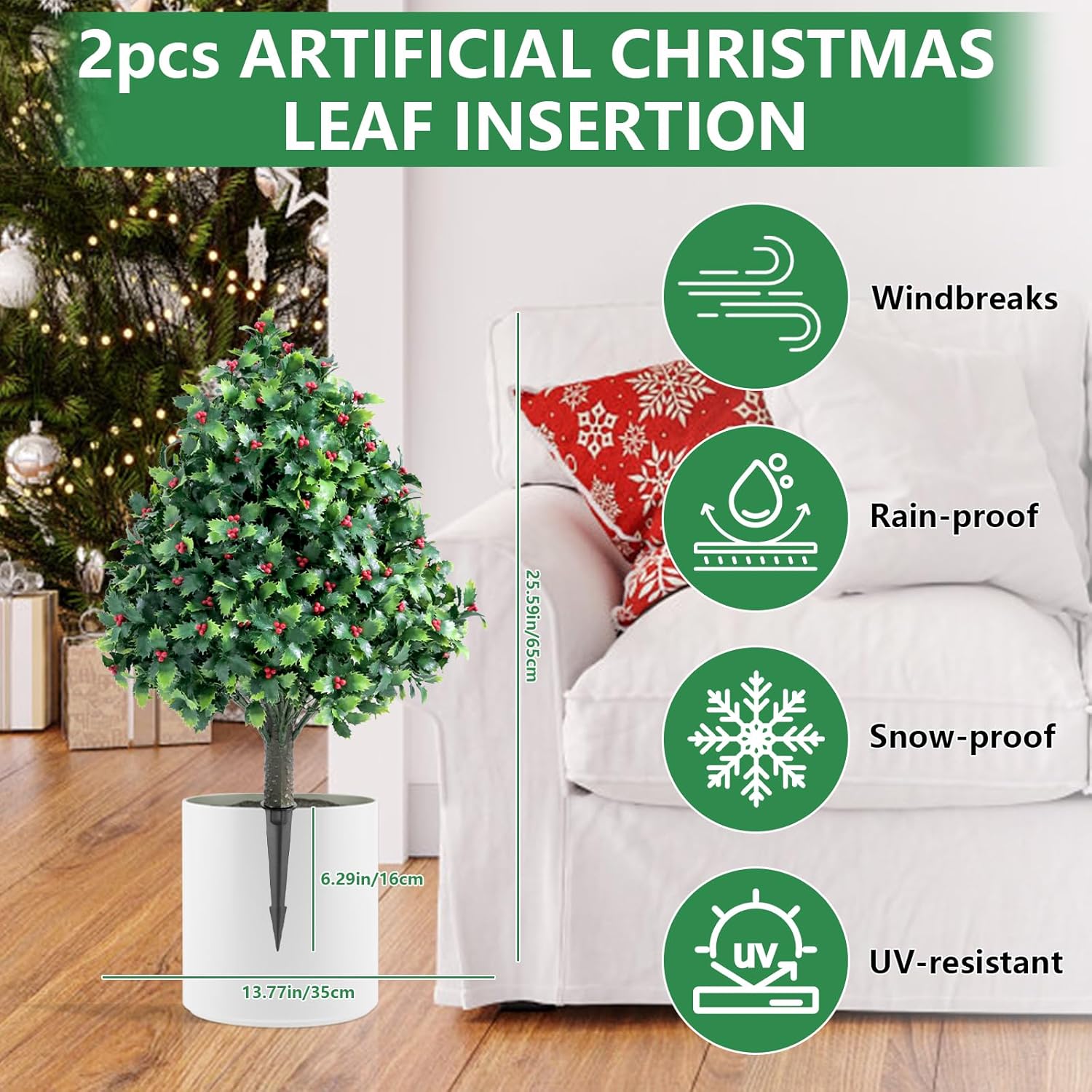 Artificial Topiaries Ball Trees with Red Fruit, 25 inch Set of 2 Faux Shrubs with Ground Spikes,UV Resistant Fake Evergreen Tree for Indoor Outdoor Front Porch Thanksgiving Christmas Decor