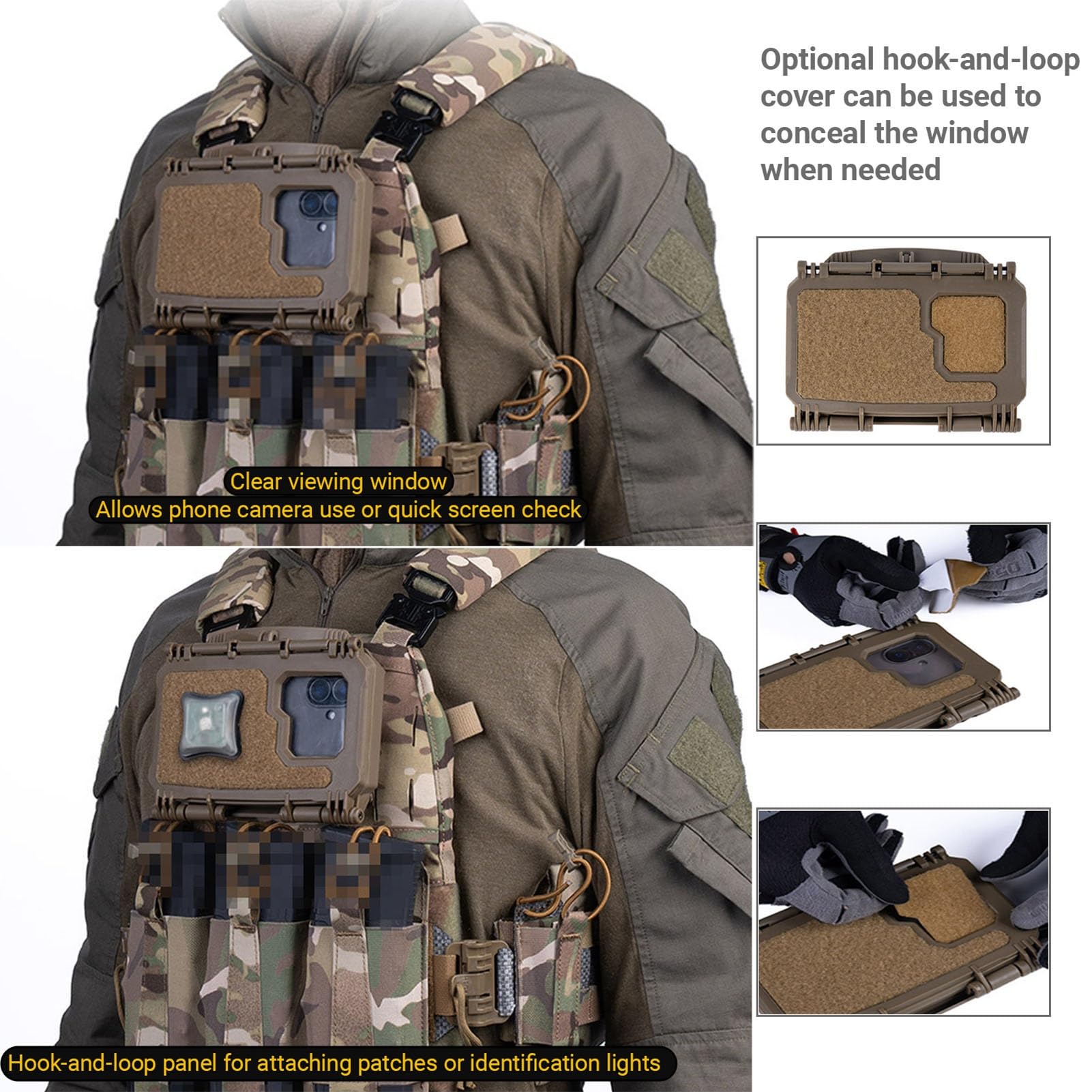 Boîte Admin Téléphone Molle pour Chest Rig, Étui Rigide avec Fenêtre & Couvercle Amovible, Angle Réglable, Compatible Smartphones, pour Airsoft/Outdoor