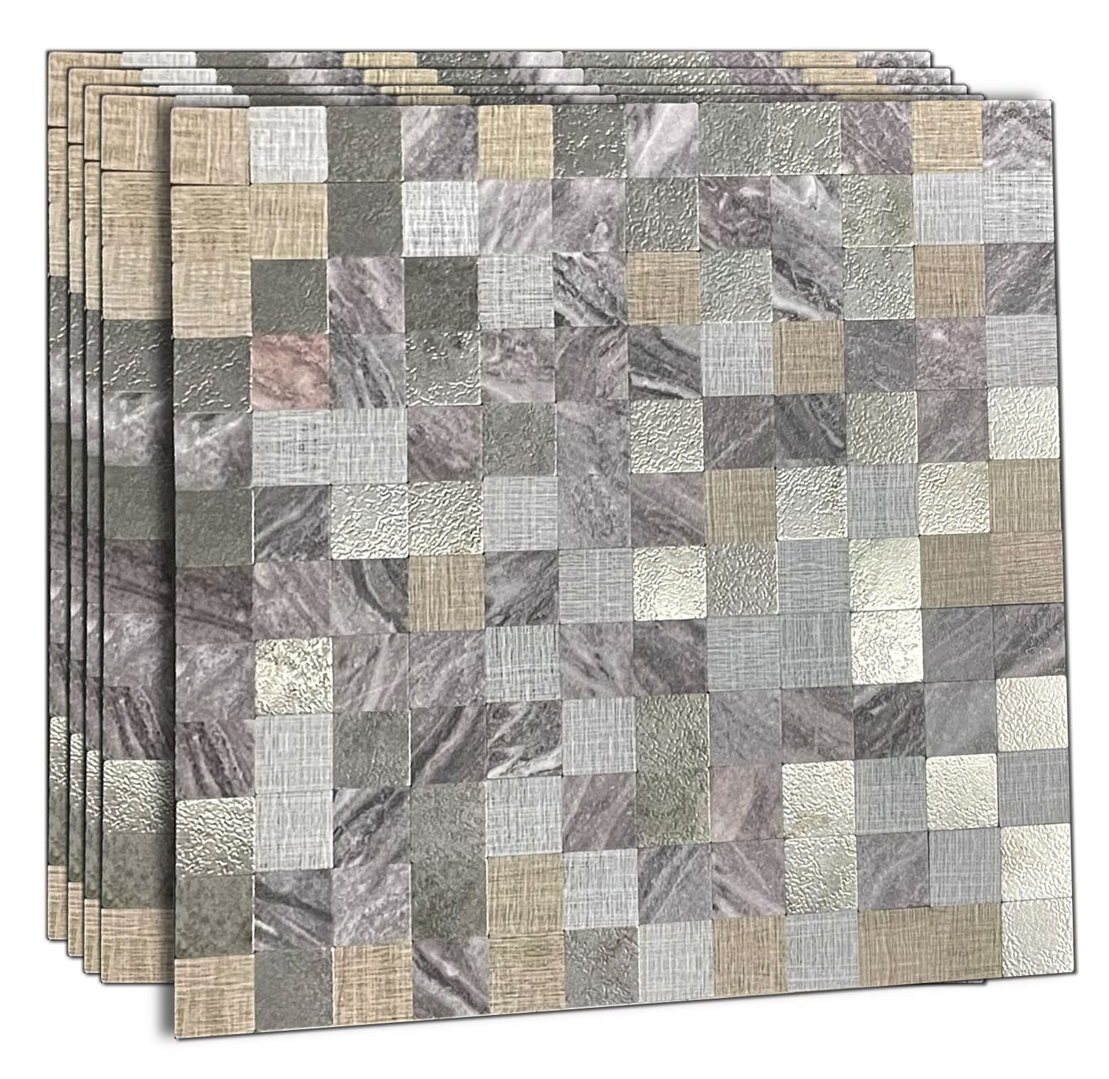 YMMXGE 5-Sheet Peel and Stick Backsplash for Kitchen? Metal Aluminum Mosaic Self Adhesive 3D Wall Sticker Panel 11.81"x11.81"x0.15", 4.8 sq.ft (5, Silver Printed and Grey Marble)
