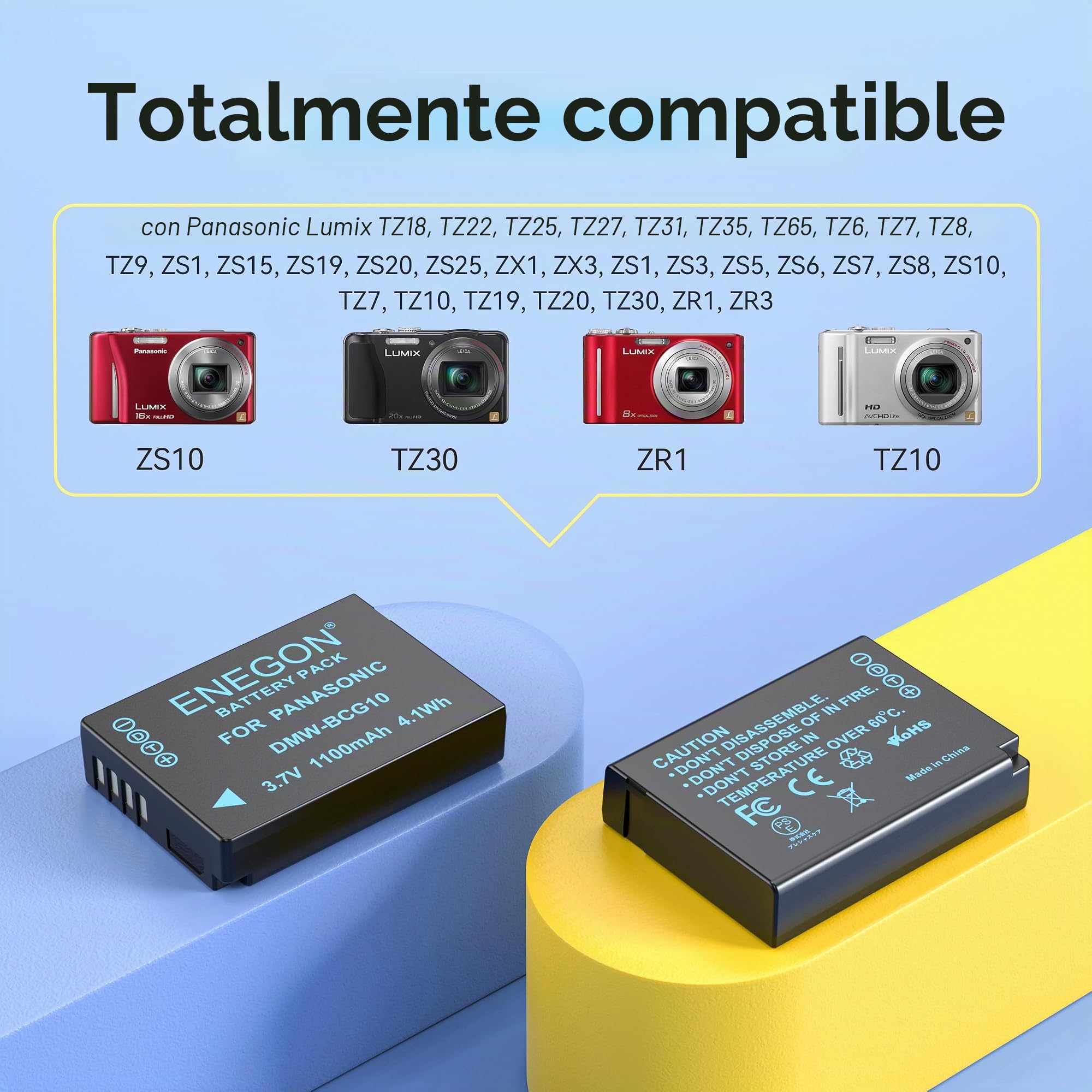 ENEGON DMW-BCG10 - Lote de 2 Baterías de 1100mAh con Cargador y Cable USB-C para Panasonic Lumix DMC-ZS1, ZS3, ZS5, ZS6, ZS7, ZS8, ZS10, TZ7, TZ10, TZ19, TZ20, TZ30, ZR1, ZR3