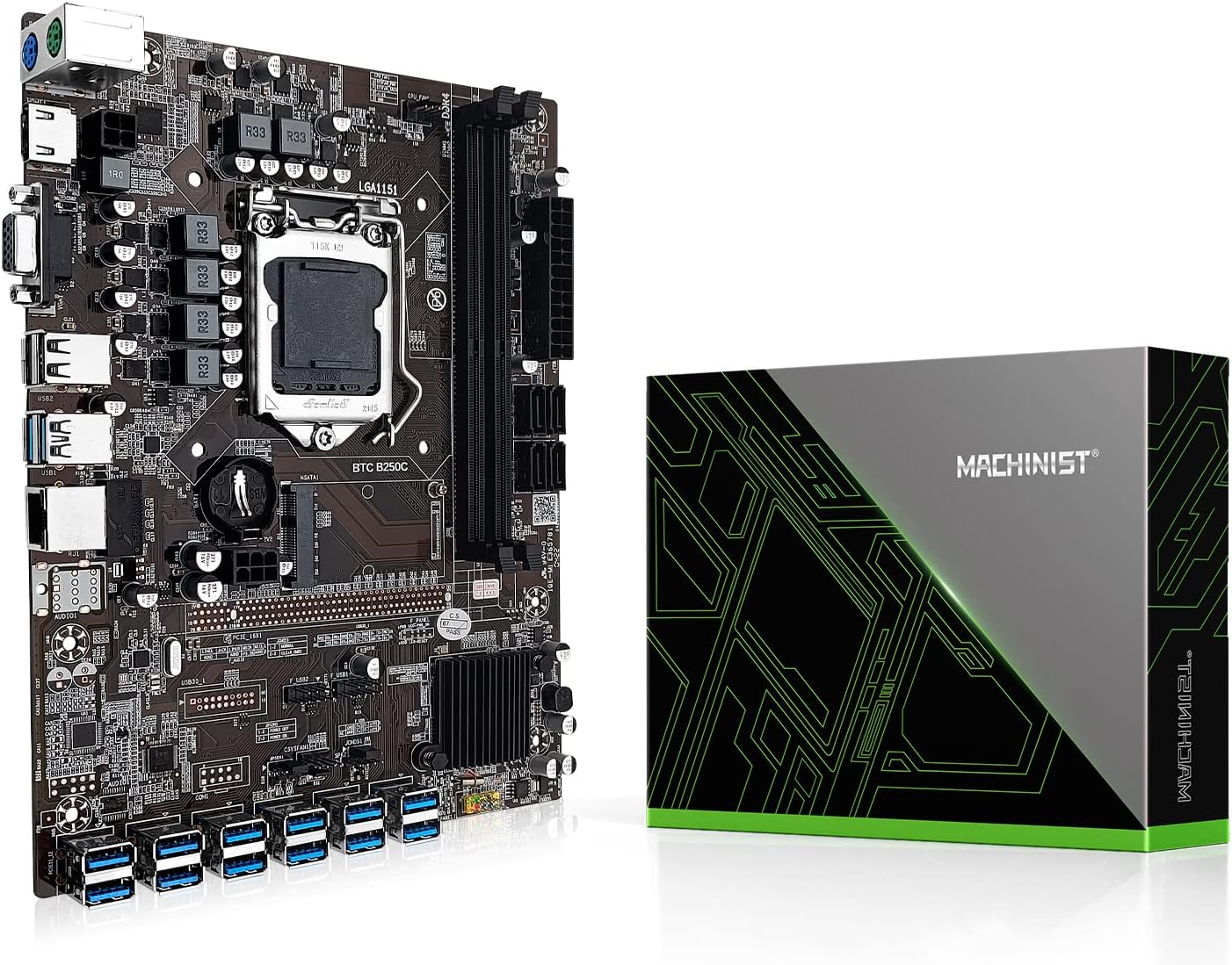MACHINIST B250C Mining Motherboard, Intel LGA 1151 Mining Machine Motherboard with 12 GPU Slots to USB 3.0 Slots (Intel 6th/7th Gen, PCIe 3.0, MSATA, DDR4, 12+2 USB 3.0) for BTC/ETH/ZEC/ETC