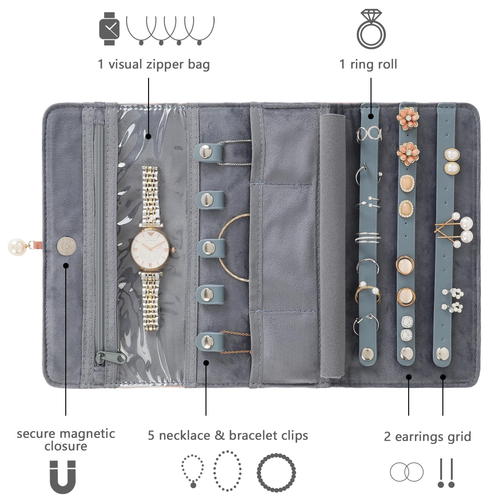 Bolsa de Rollo de Joyería, Plegable Enrollable Joyería Estuche, Organizador de Joyas para Collares, Pulseras, Pendientes, Anillos, Broches-Naranja