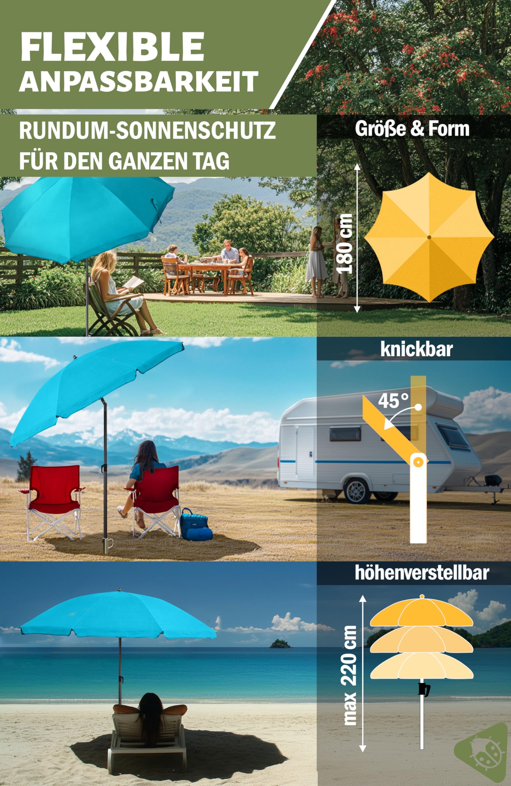 Menz Sonnenschirm Strand Ø 180 cm in Türkis, 3-IN-1 Set - UPF 50+ Strandschirm windfest stabil + Schirmhülle + Rasendorn Sonnenschirmhalter - Sonnenschirm mit Rasendorn für Garten, Schirmspieß