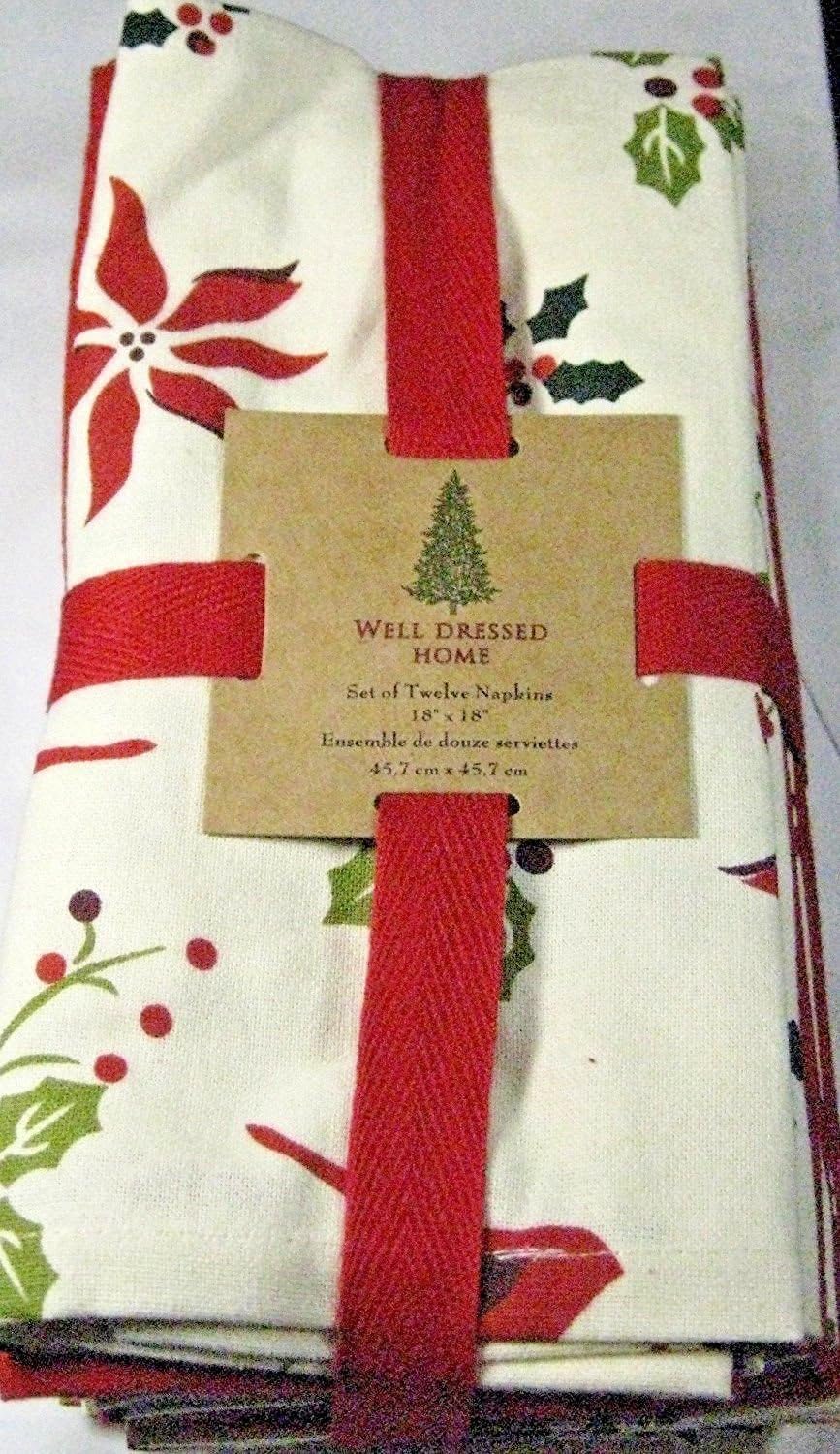 Set of 12 Well Dressed Home Christmas Dinner Napkins- 19" x 19" - 100% Cotton
