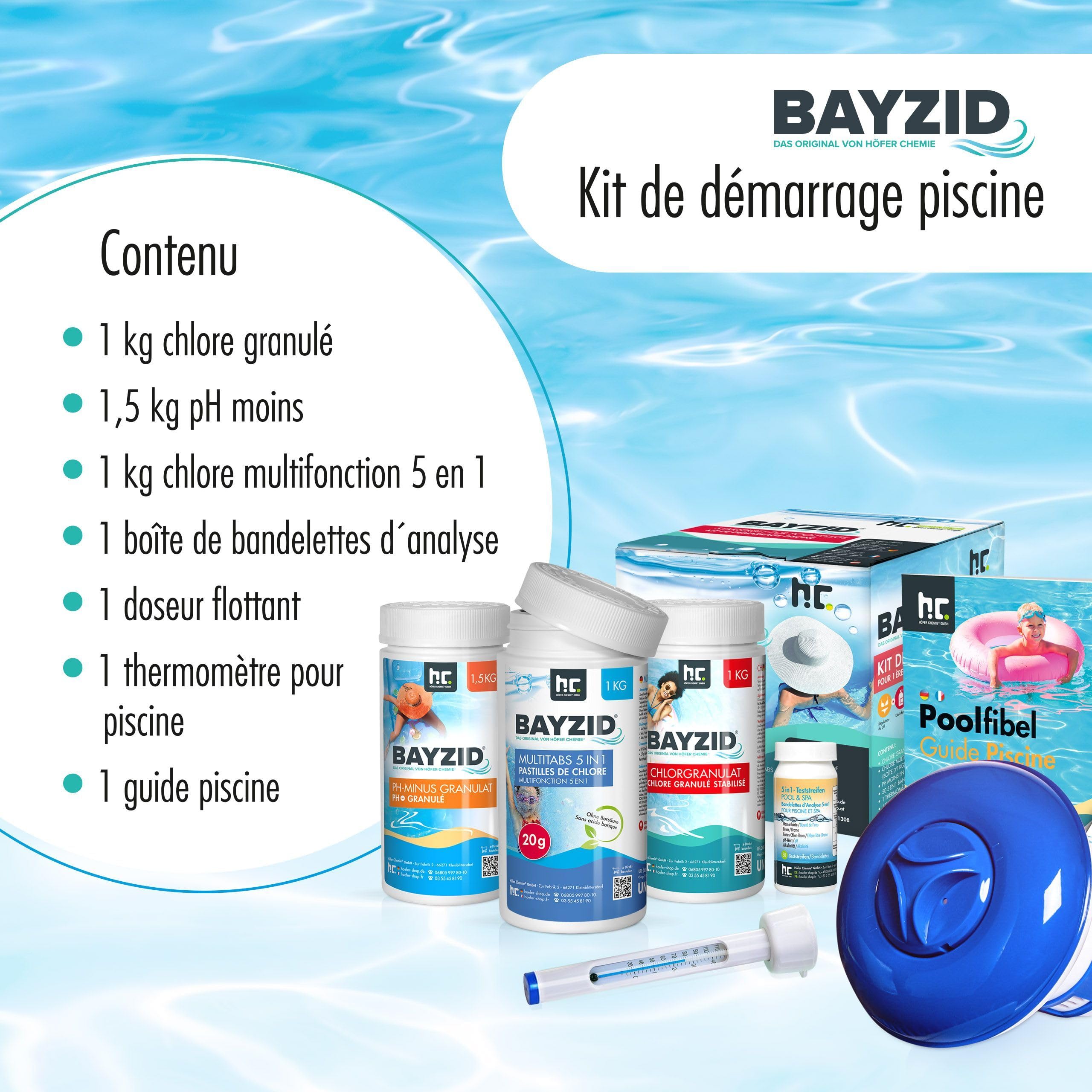 Bayzid® Kit de Démarrage pour Piscine - 7 Pièces pour l'Entretien de l'eau - Granulés de Chlore, Correcteur de pH, Pastilles Multi-Usages, Thermomètre, Pompe Doseuse, Bandelettes et Guide