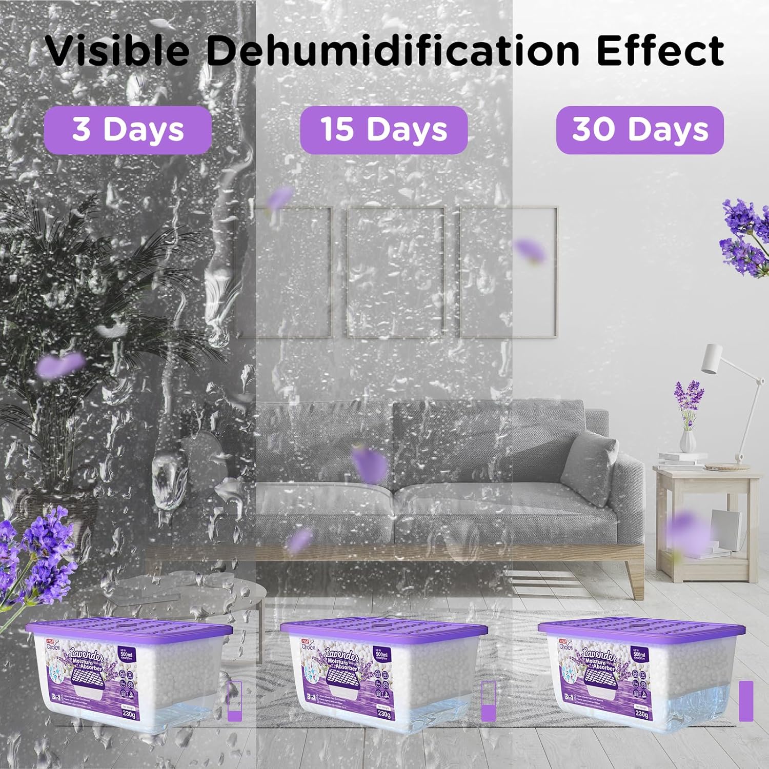 W&E Choice Moisture Absorbers with Lavender Scent, Portable Dehumidifier for Closet & Bathrooms, Kitchen, Humidity Absorber Odor Eliminator Absorber, 12Pack