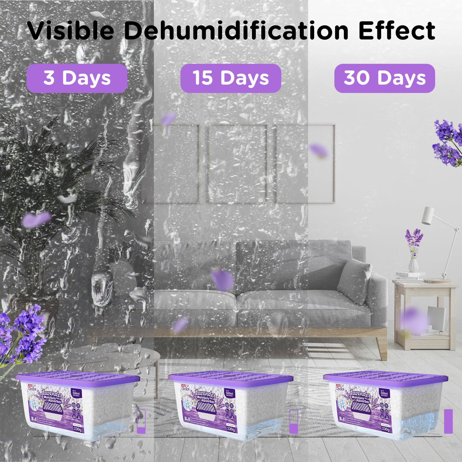 W&E Choice Assorbitore di umidità, deumidificatore profumato alla lavanda, per la casa, scatole assorbitori di umidità portatili per bagno, armadio e auto, confezione da 12 pezzi
