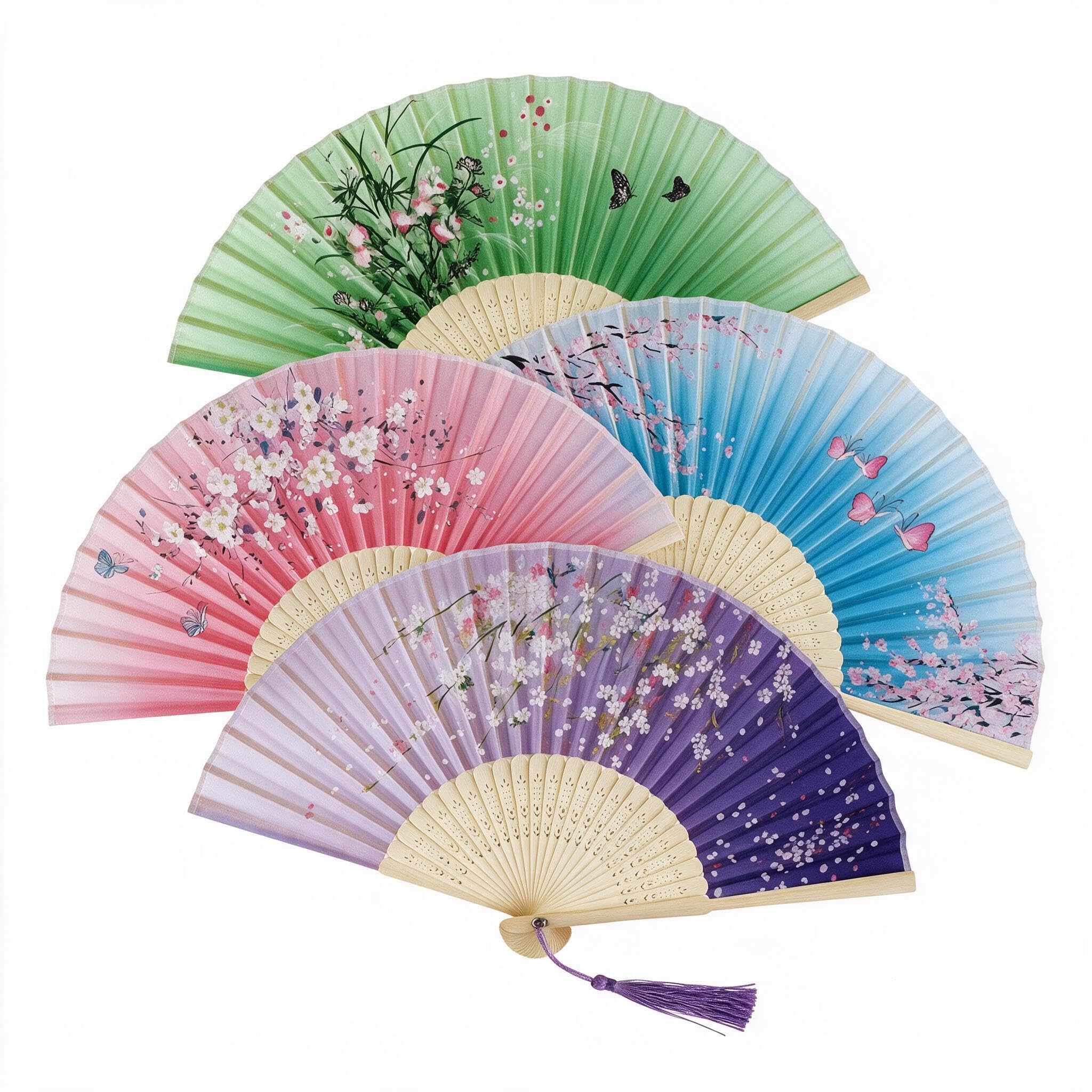 4Pcs Silk Fabric Folding Fans, Hand Fan Folding Manual Fan with Tassels
