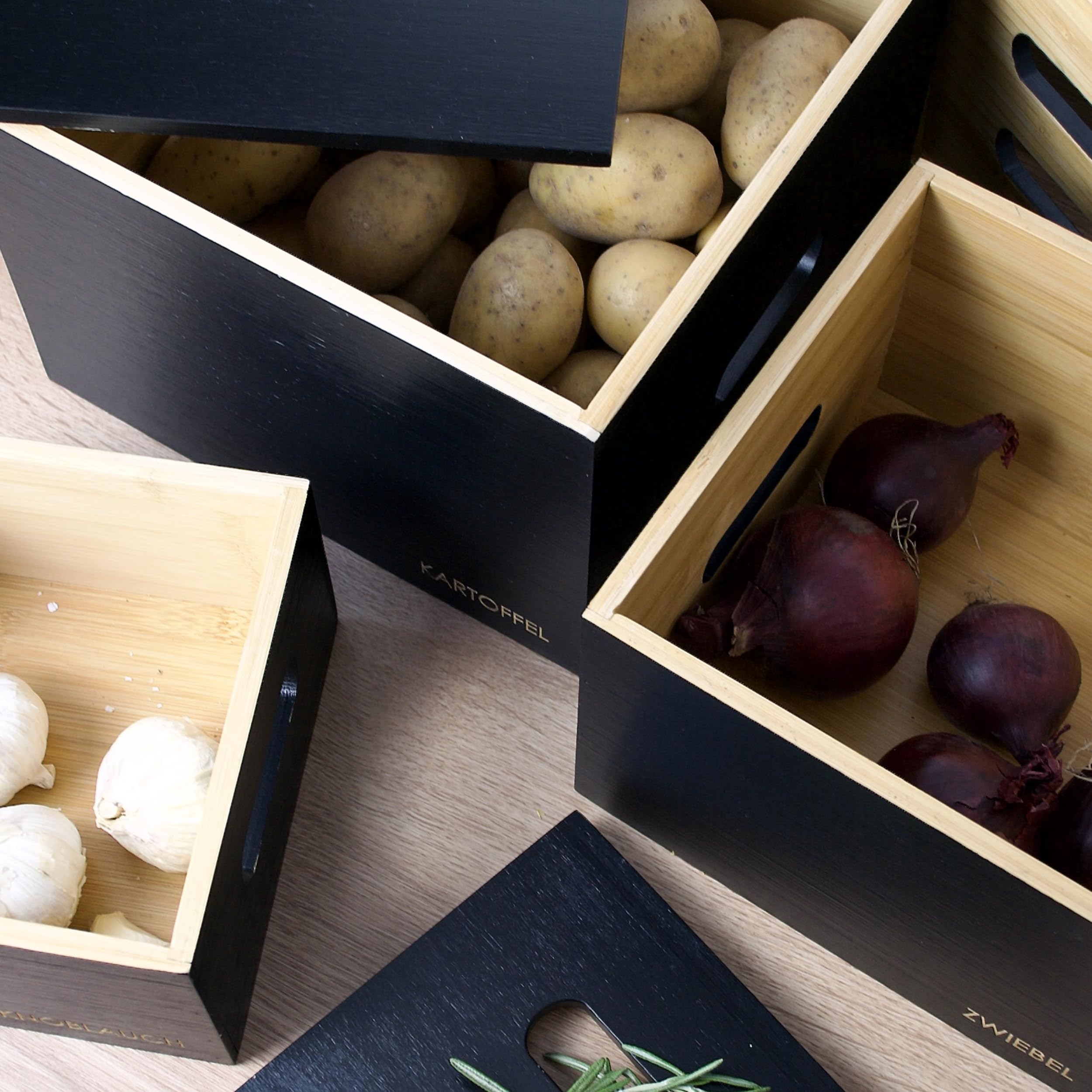 Kartoffel Aufbewahrungsbox 3er Set Mit Bambusdeckel  Metall Gemsebox Fr Kartoffeln  Zwiebeln Knoblauch, Schwarz, Stapelbar