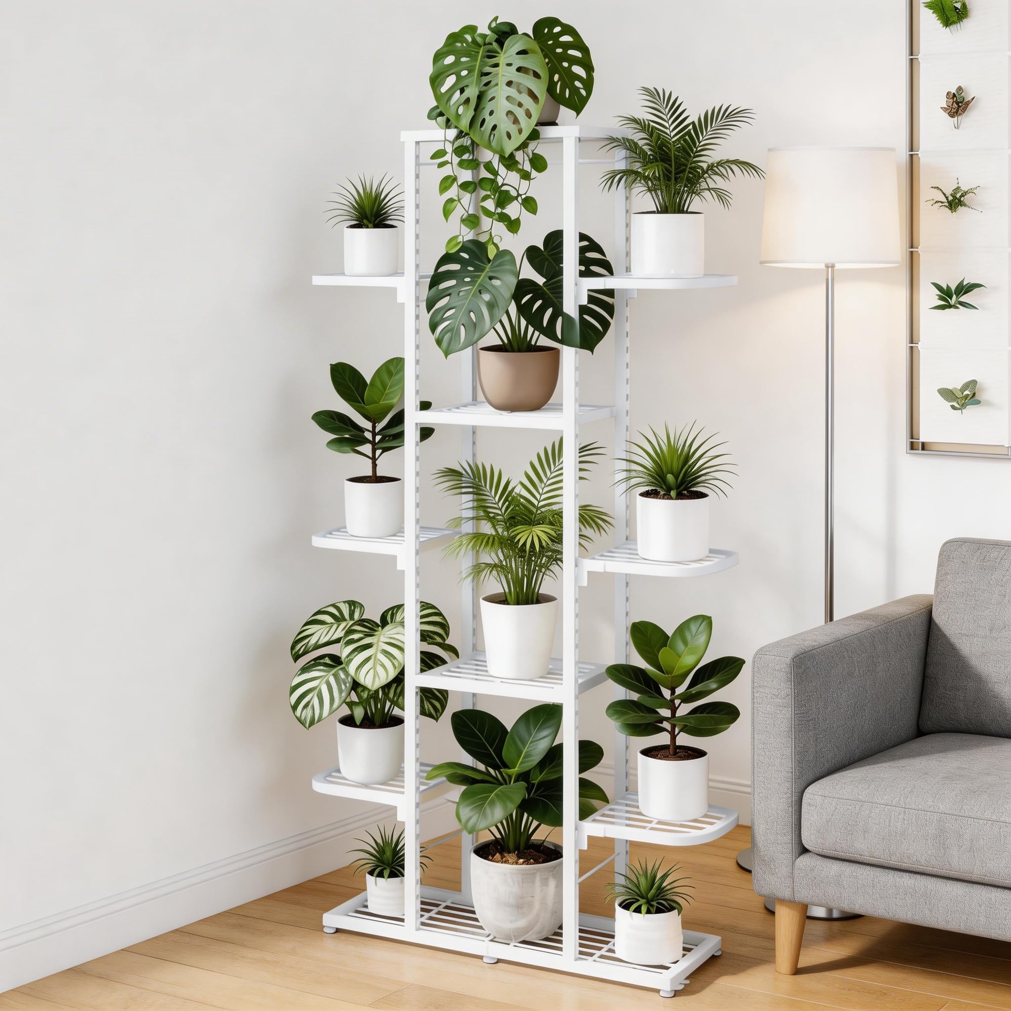 GarveeLife Étagère à Plantes Multi-Niveaux en Métal Blanc, Support pour Fleurs d'Intérieur et Extérieur, pour Balcon, Salon, Chambre et Jardin