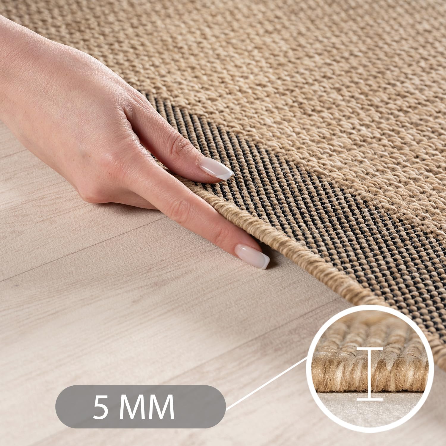 Teppium Tappeto Outdoor Rotondo 160 cm Beige, Resistente alle Intemperie Facile da Pulire, Tappeto Look Juta per Terrazza Giardino Soggiorno Sala da Pranzo