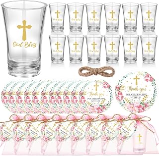 Funnymoom 50 Sets God Bless Flower Religious Party Supplies Baptism Cross Acrylic Clear Shot Glasses Pink Floral Thank You Tags with Organza Bags for Christening Celebration Baby Shower