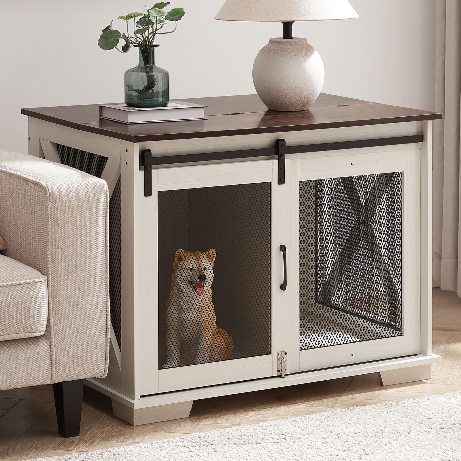 Farmhouse Dog Kennel Furniture with Sliding Barn Door | Heavy Duty Wooden Dog Crate End Table for 2 Dogs | Movable Divider | Indoor Decorative Dog Cage House for Small Medium Large Dogs (White)