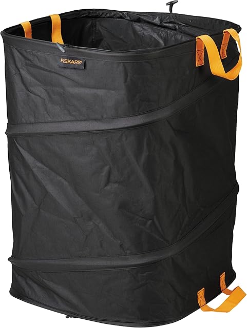 Fiskars Kosz ogrodowy z trzonkami PopUp, Składany, Pojemność: 175 L, Wysokość: 70 cm, Szerokość: 50 cm, Czarno-pomarańczowy, Ergo, 1028372
