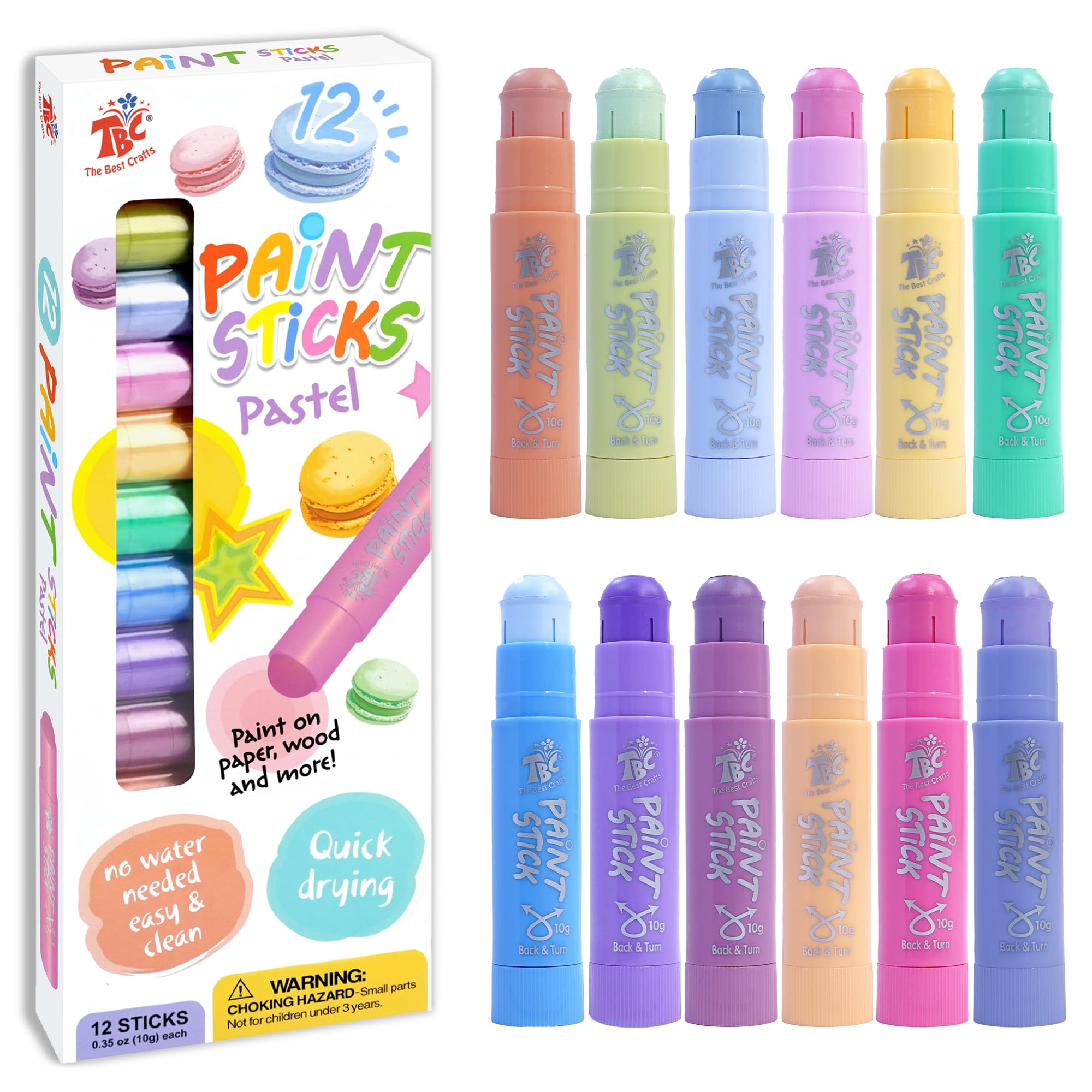 TBC The Best Crafts Paint Sticks, 12 Colors Pastel, Washable, Non-toxic, Tempera Paint Sticks for Kids and Students