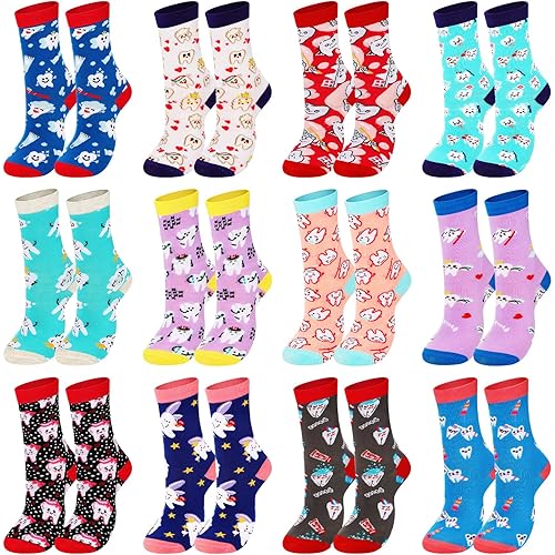 Mepase 12 Pairs Funny Women Teeth Themed Dental Socks Cute Gifts for Dentist Novelty Tooth Dentist Socks for Assistant Doctor Hygienist School Student