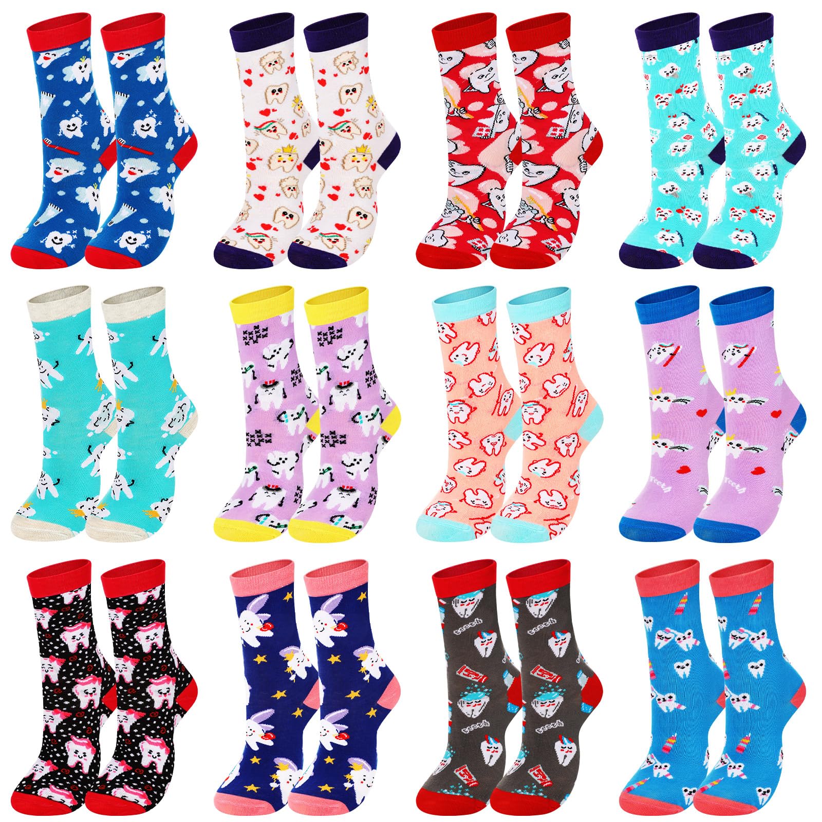 Mepase 12 Paar lustige Frauen Zähne Themed Dental Socken Niedliche Geschenke für Zahnarzt Neuheit Zahnsocken Zahnarzt Socken für Assistent Arzt Hygieniker Schule Student, Schöne Farben., Einheitsgröße