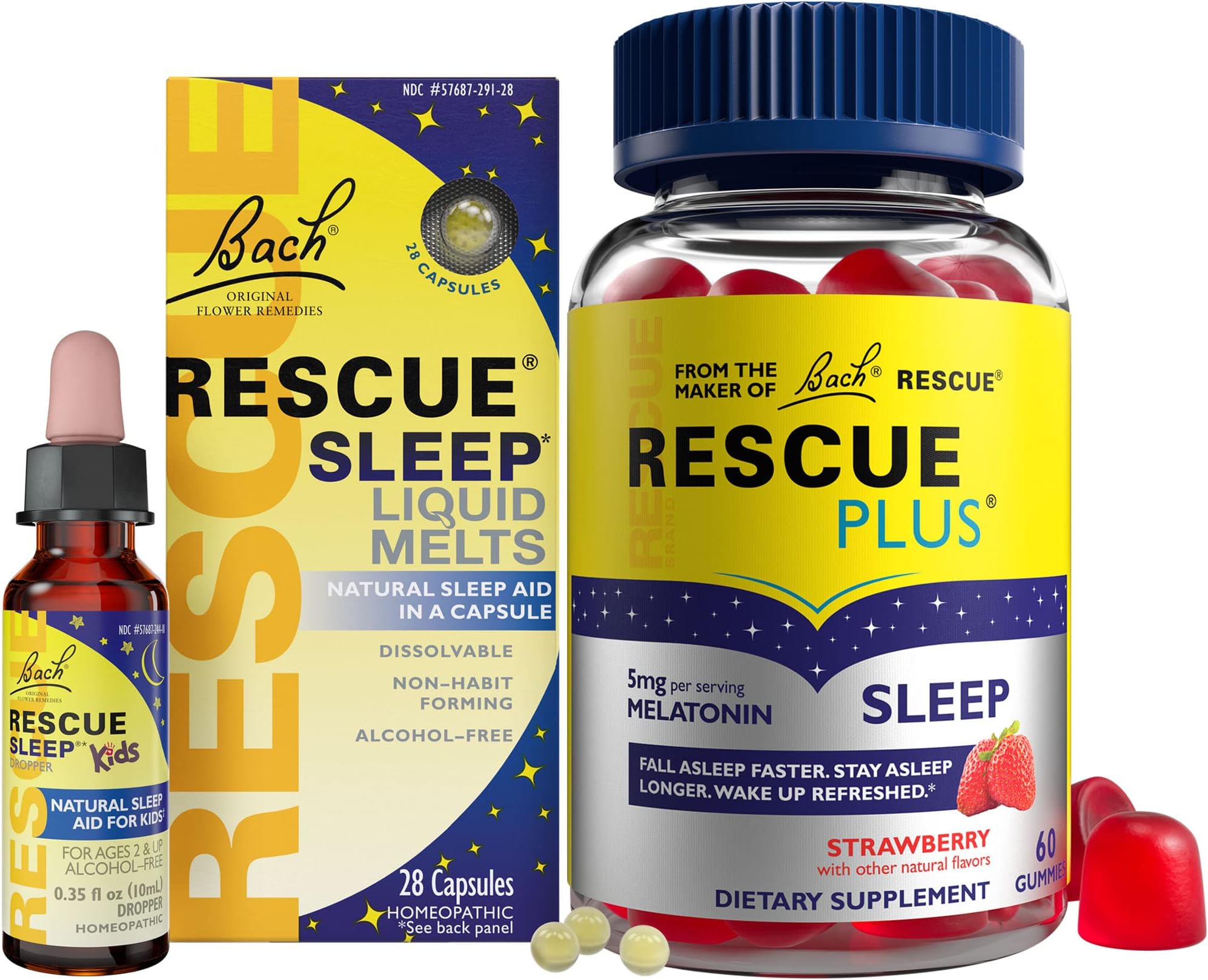 Nighttime Sleep Aid Bundle, 3Pk - Bach Rescue Sleep Kids Dropper, 10mL [and] Rescue Sleep Liquid Melts, 28Ct [and] Rescue Plus Sleep Gummies with 5mg Melatonin/dose, 60Ct