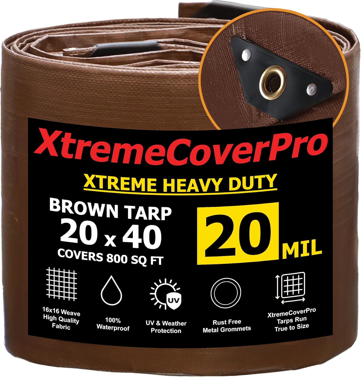 XTREMECOVERPRO 20x40 Brown 20 Mil Ultra Heavy Duty Tarp - Waterproof UV Resistant Reinforced Cover for Camping Boats Roofs
