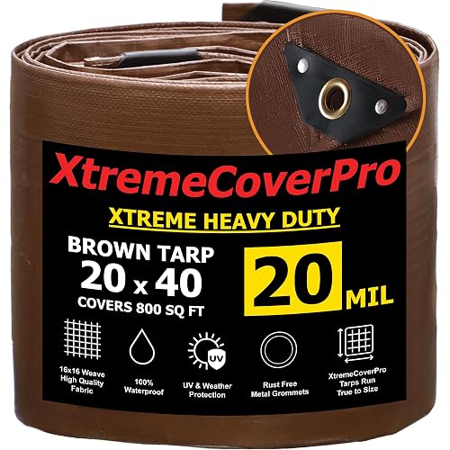 20' x 40' Brown Super Ultra Heavy-Duty Tarp – 20 Mil Waterproof & UV-Resistant 20x40 - Large Outdoor Tarp, Waterproof Cover for Rain Camping, Tent, UV Protection, Reinforced Corners