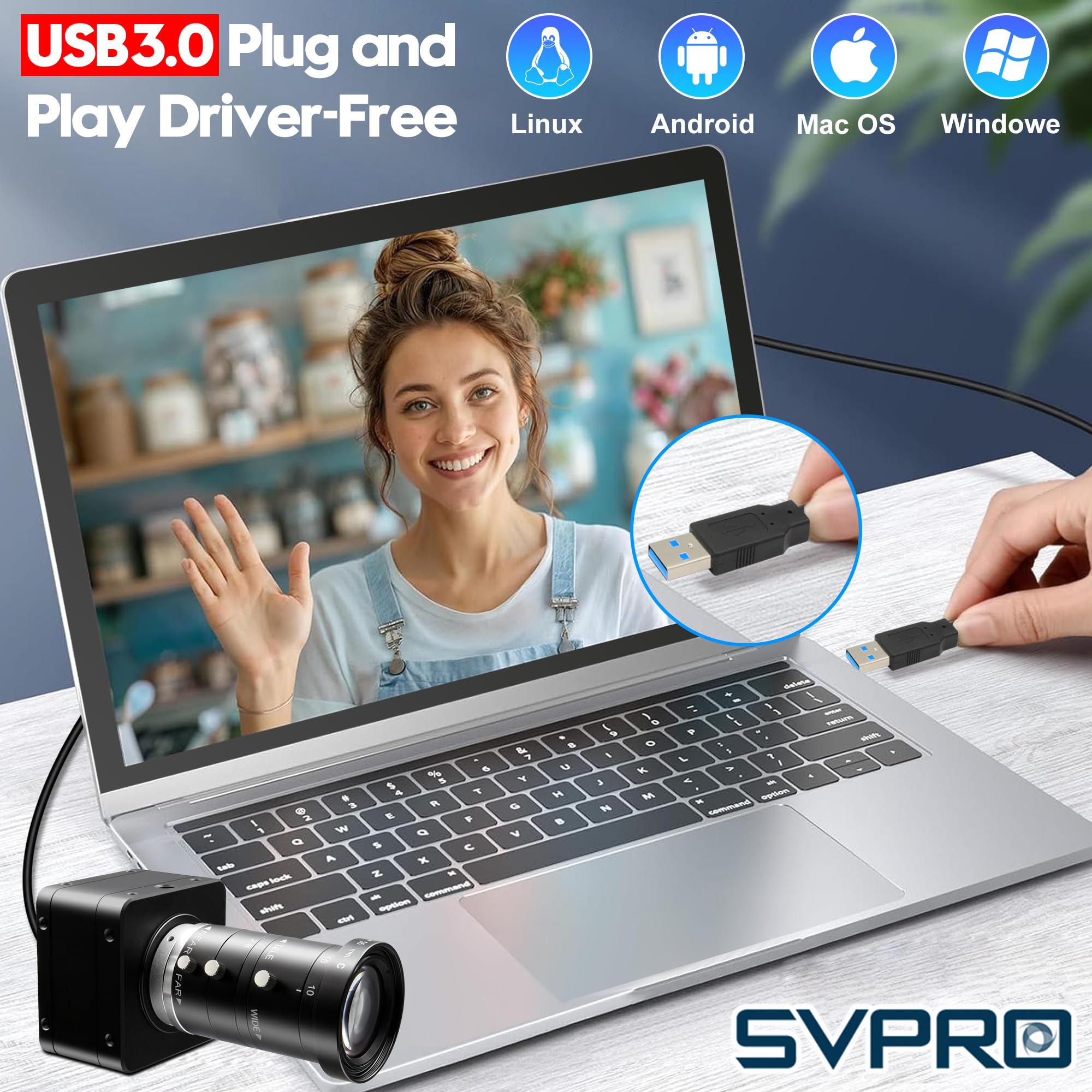 Svpro Fotocamera USB 3.0 ad alta velocità 1080P/230fps, 4K/60fps, 12MP/30fps, 12MP zoom Webcam con obiettivo CS Mount 10-55mm, messa a fuoco manuale, fotocamera UVC per Windows, Linux, Mac e Android