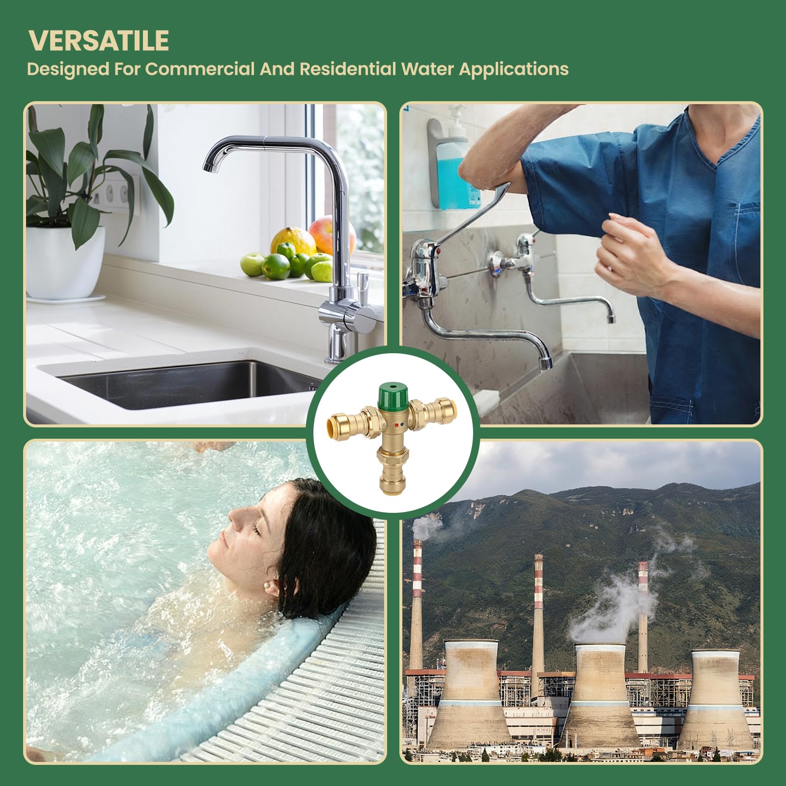 Válvula mezcladora termostática de latón de 3/4 pulgadas con conexiones de unión, compatible con accesorios SharkBite Copper, CTS, CPVC, SDR-9 HDPE y PEX