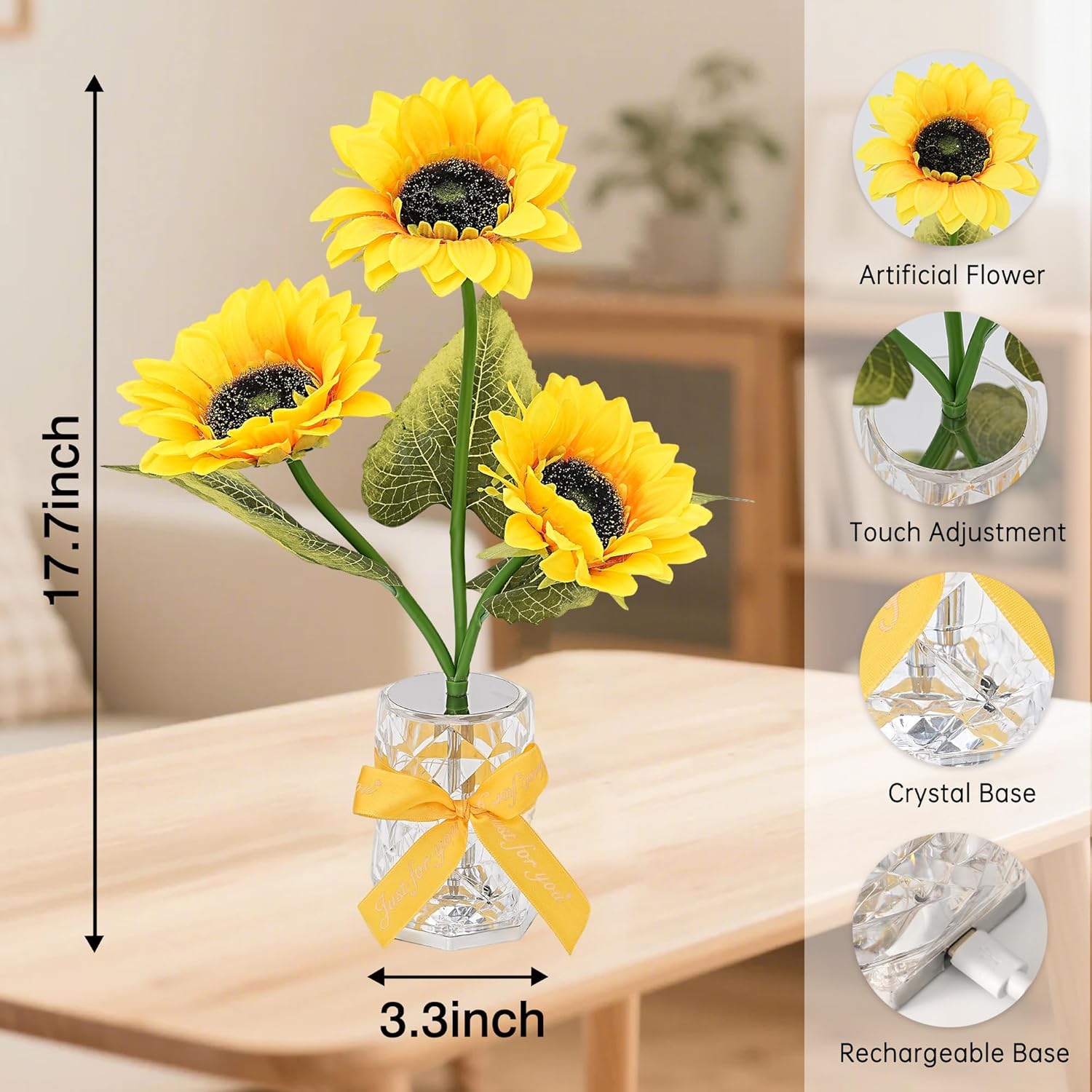 WSYEAR Birthday Gifts for Women, Sunflower Gift for Mom Sunflower Cordless Table Lamp,3 Color Crystal Lamps Touch Bedside Lamps Infinitely Dimming with USB Charge Small Night Light for Bedroom