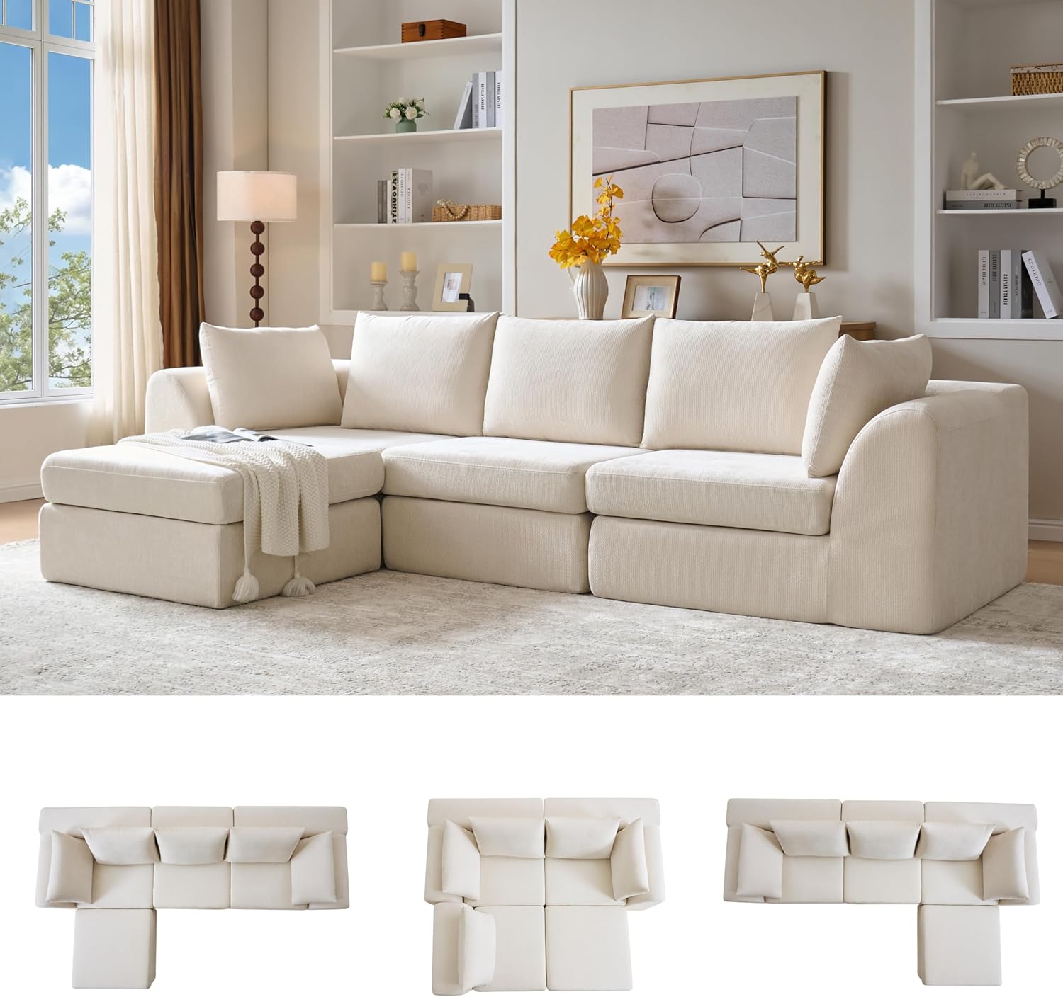 Modular Sectional Sofa 118" Cloud Couch L-Shaped Convertible Sleeper Sofa Bed with Movable Ottoman, Oversized Deep Seat Boneless Comfy 3 Seater Couches for Living Room (Beige)