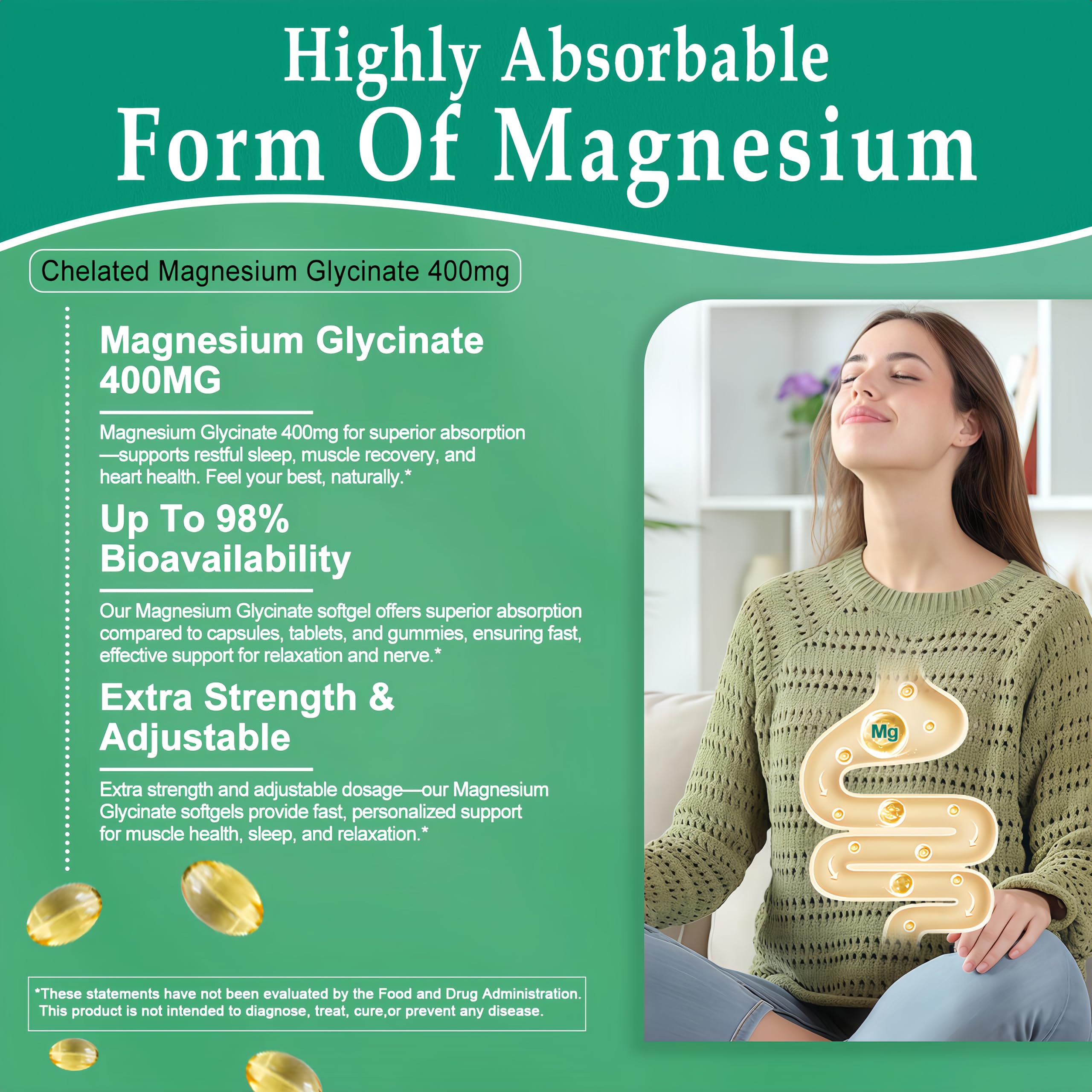Magnesium Glycinate Softgels - High Absorption Pure Magnesium Glycinate 400mg for Sleep, Calm, Muscle Relaxation, Heart, Bone & Nerve Support for Women & Men - 100% Chelated & Purified Supplement — Amazon image 4