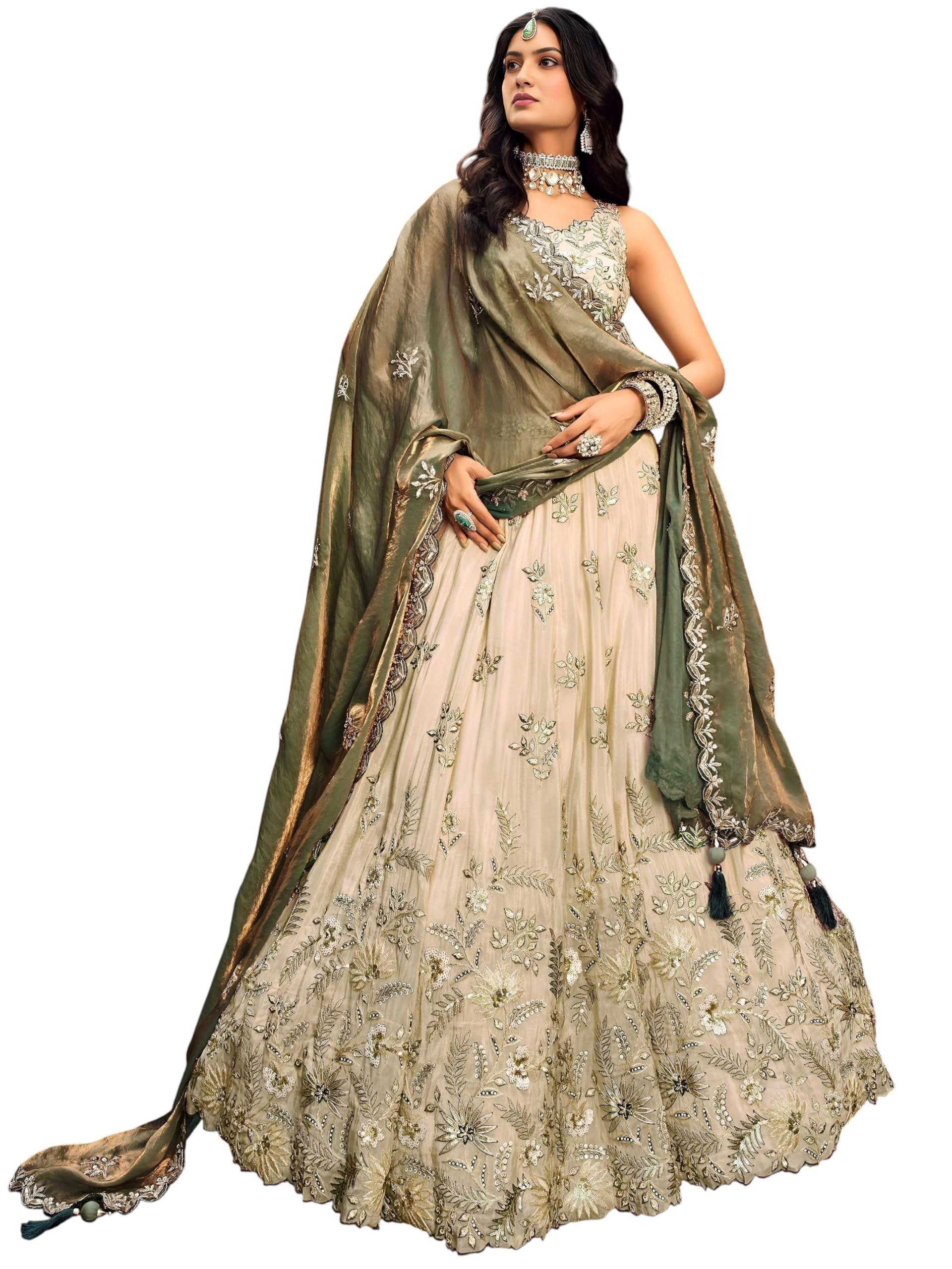 zeel clothing Women's Dori, Sequins and Thread Embroidered Work Cosmos Silk Lehenga Choli With Dupatta (6019-Green-Women-Lehenga-Choli-Latest; Free size)-picture-21