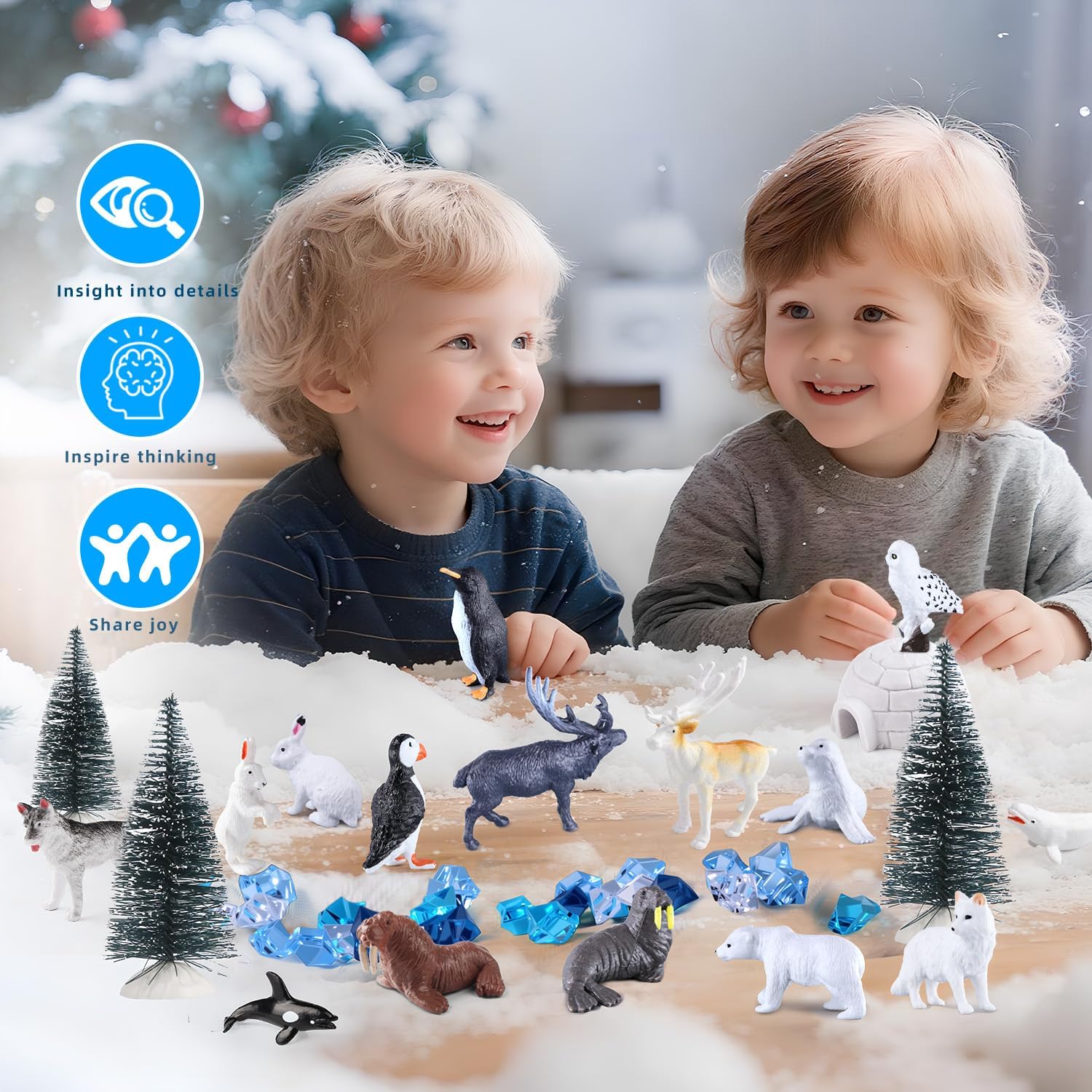 56Pcs Arctic Animal Toy, Mini Figures Polar Bear, Penguin, Caribou, Snowy Owl, Pine Trees, Ice Igloo Rocks for Kids School Project Diorama Sensory Cake Decorations Party Gift