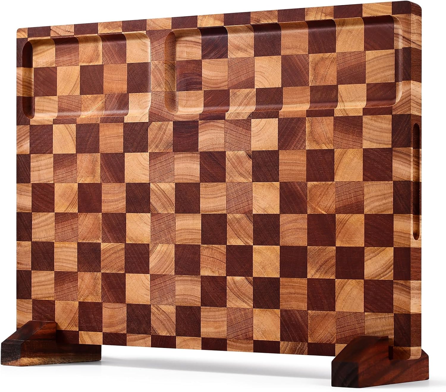 Checkered Cutting Board with Stand, Dual-Sided Wood Cutting Board with Juice Groove, 16.5x11.6 Inch Butcher Block Serving Tray, Chopping Board for Kitchen Gifts