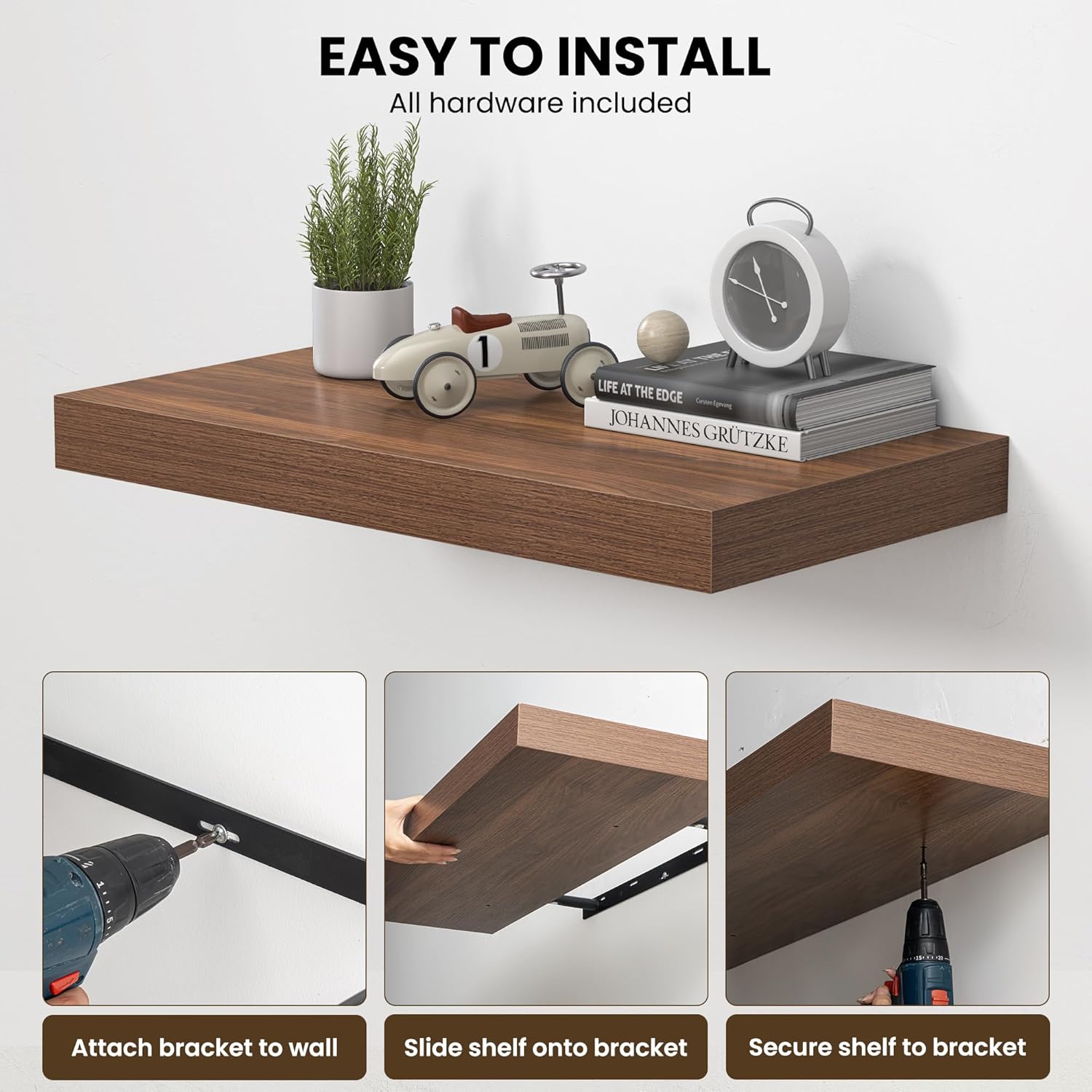 Dreamland 40" Floating Shelves for Wall, 12" Deep Thicker Walnut Floating Shelves, Wall-Mounted Shelves for Bedroom, Living Room, Kitchen, Bathroom - Set of 2