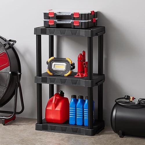 Miniatura 2 de Black Plastic 3-Tier Storage Shelving Unit, 32" H x 20.07" W x 12" D, 150 lb Capacity, Tool-Free Assembly