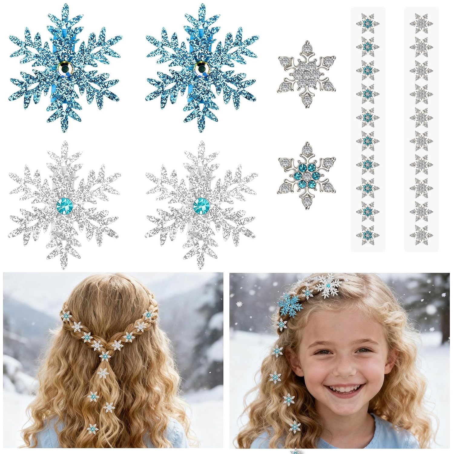 Vodolo Snowflake Hair Clips for Women,24Pcs Snow flake Clips,Frozen Hair Clip for Vacation Winter Party,Blue White Christmas Hair Accessories for Girls Holiday Gifts