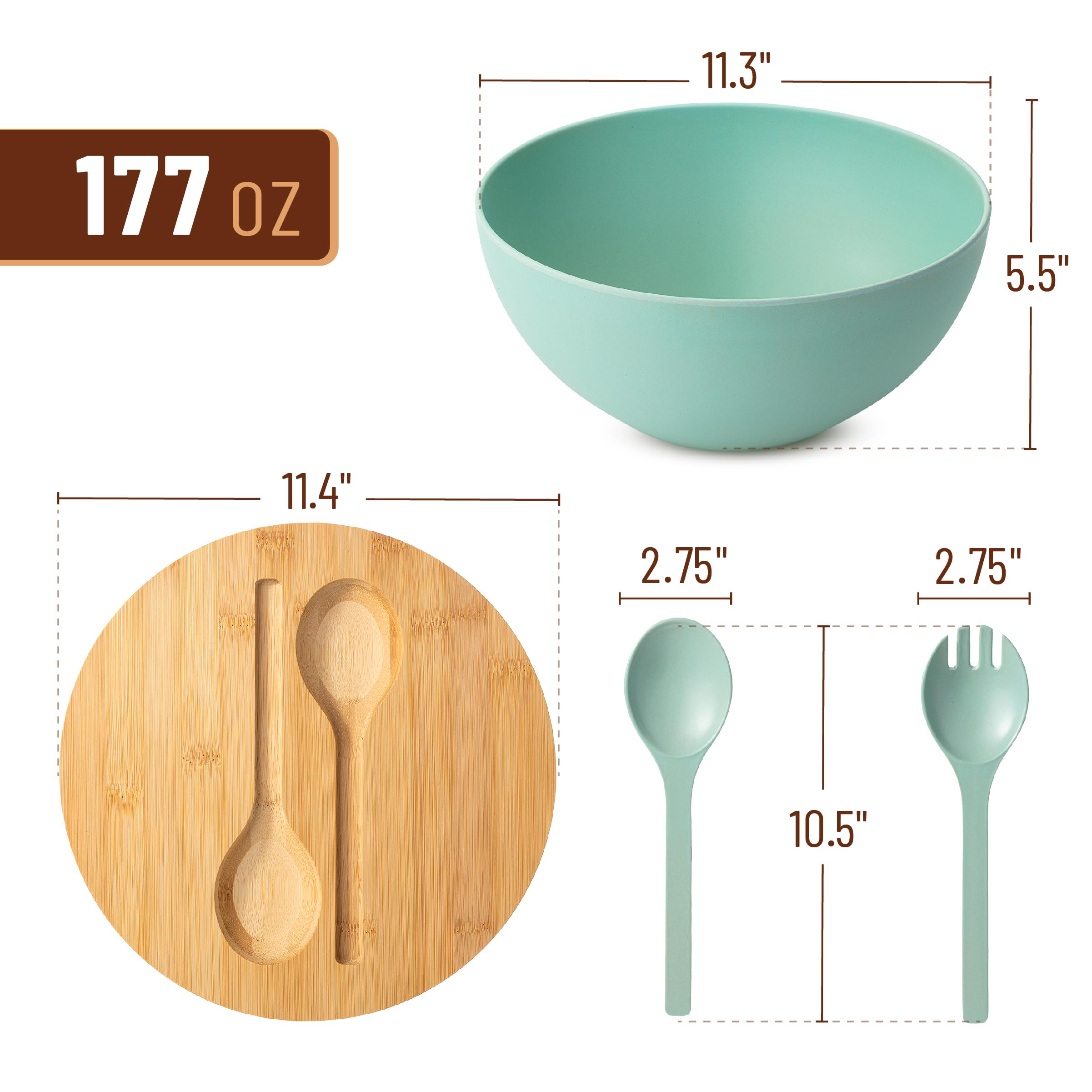 Juego de cuencos para servir ensalada con tapa de madera y utensilios, 6.5 cuartos de galón, cuenco de ensalada de fibra de bambú con servidores para cocina, cuenco de color turquesa