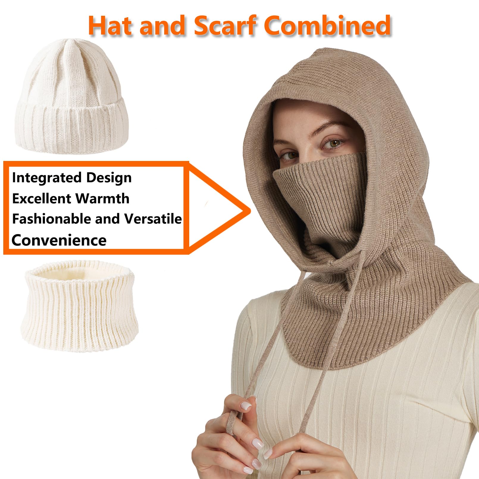 Facecozy Sturmhaube aus Strick für Damen Herren Wintermütze mit Gesichtsmaske Atmungsabweisende Ski-Maske Halstuch Mütze Damen Winter (Camel)