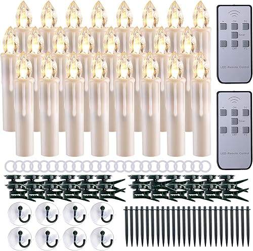 CXMYKE 24 velas LED cónicas con temporizador, luces de árbol de Navidad, funciona con pilas, parpadeantes, sin llama, blanco cálido, perfectas para
