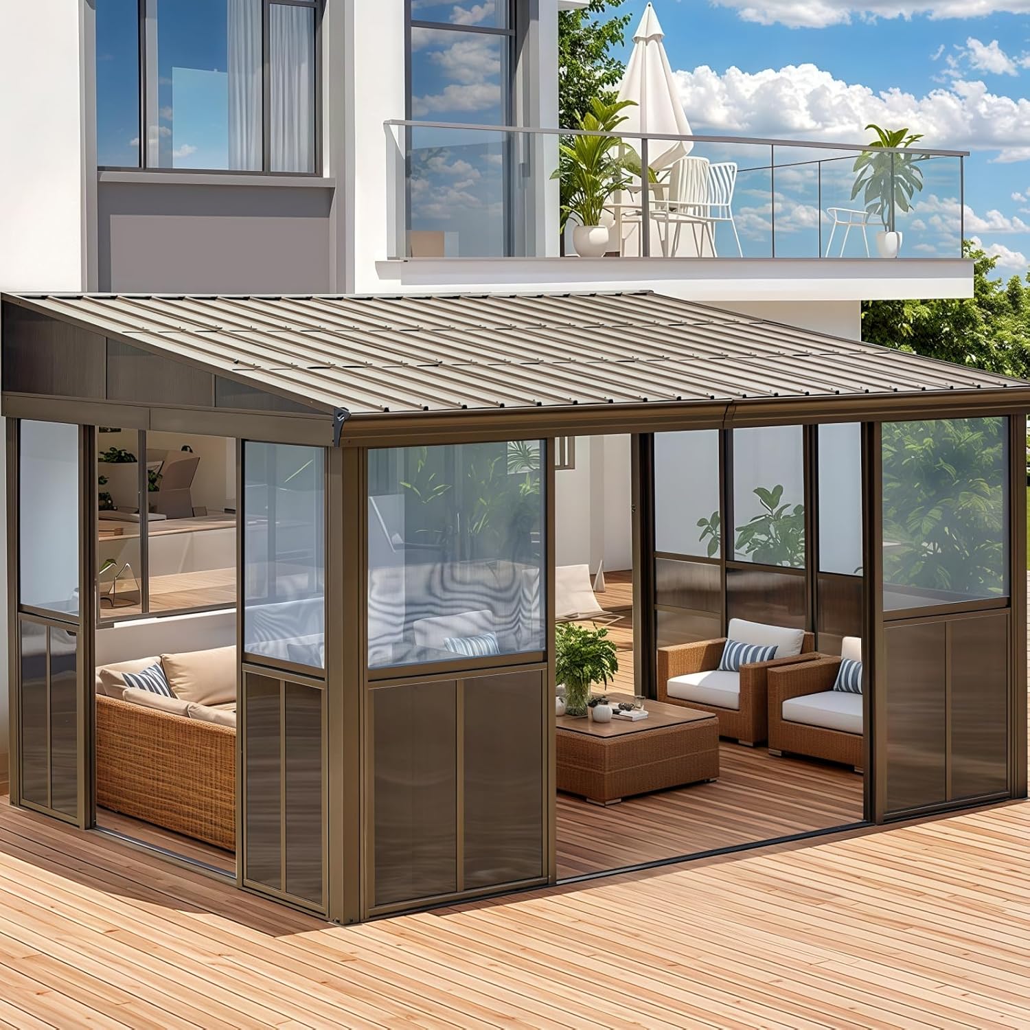 YOLENY 10x14FT Wall Mounted Sunroom, Gazebo Solarium with Front Door, Both Side Entrance, Galvanized Steel Sloping Roof, Removable PC Screen, Outdoor Permanent Sun Room Lean to Gazebo for Deck Patio