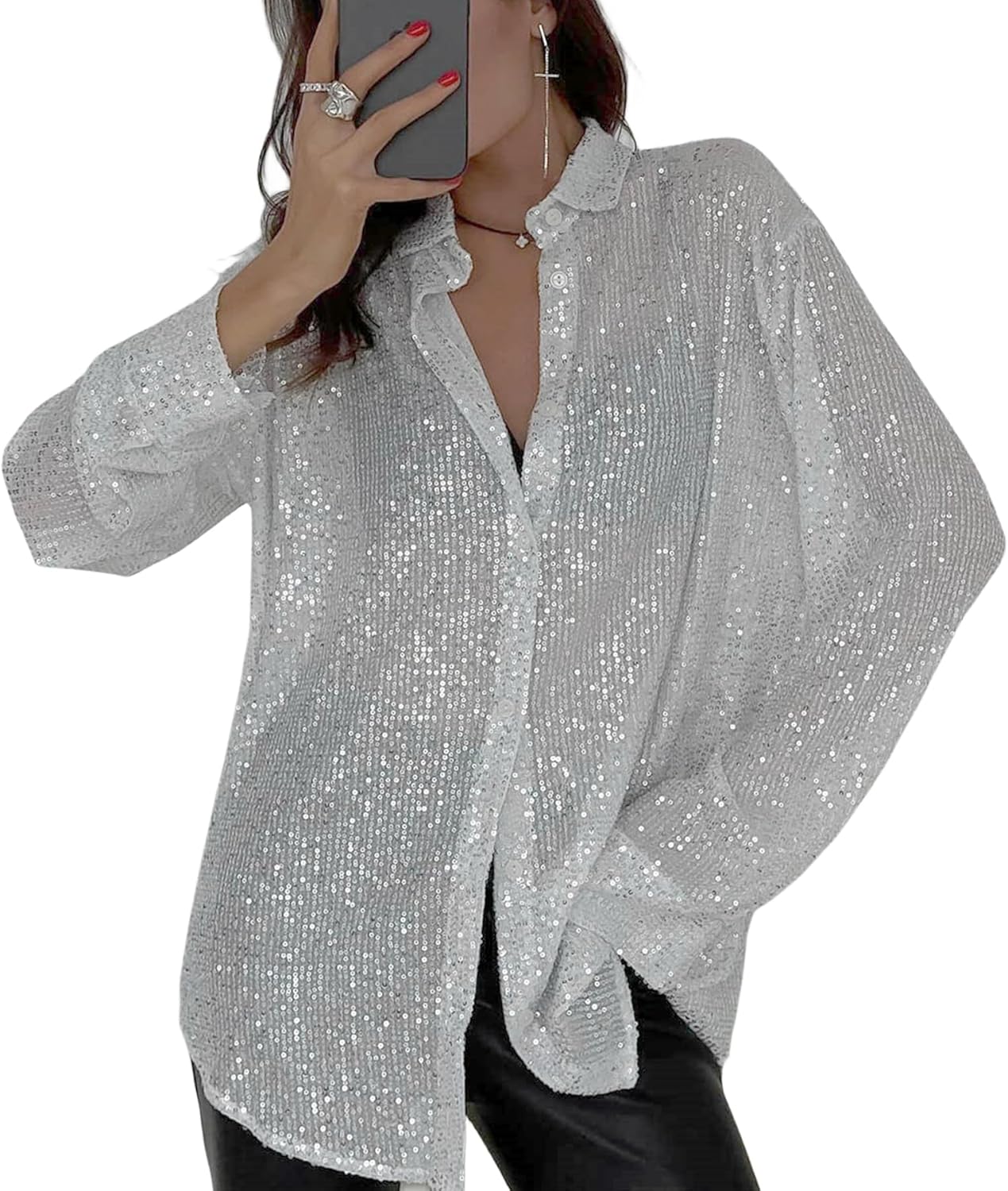 AMPOSSTO Womens Sequins Long Sleeve Collared Shirt Button Down Open Front Shirt Loose Blouses Shirst Tops