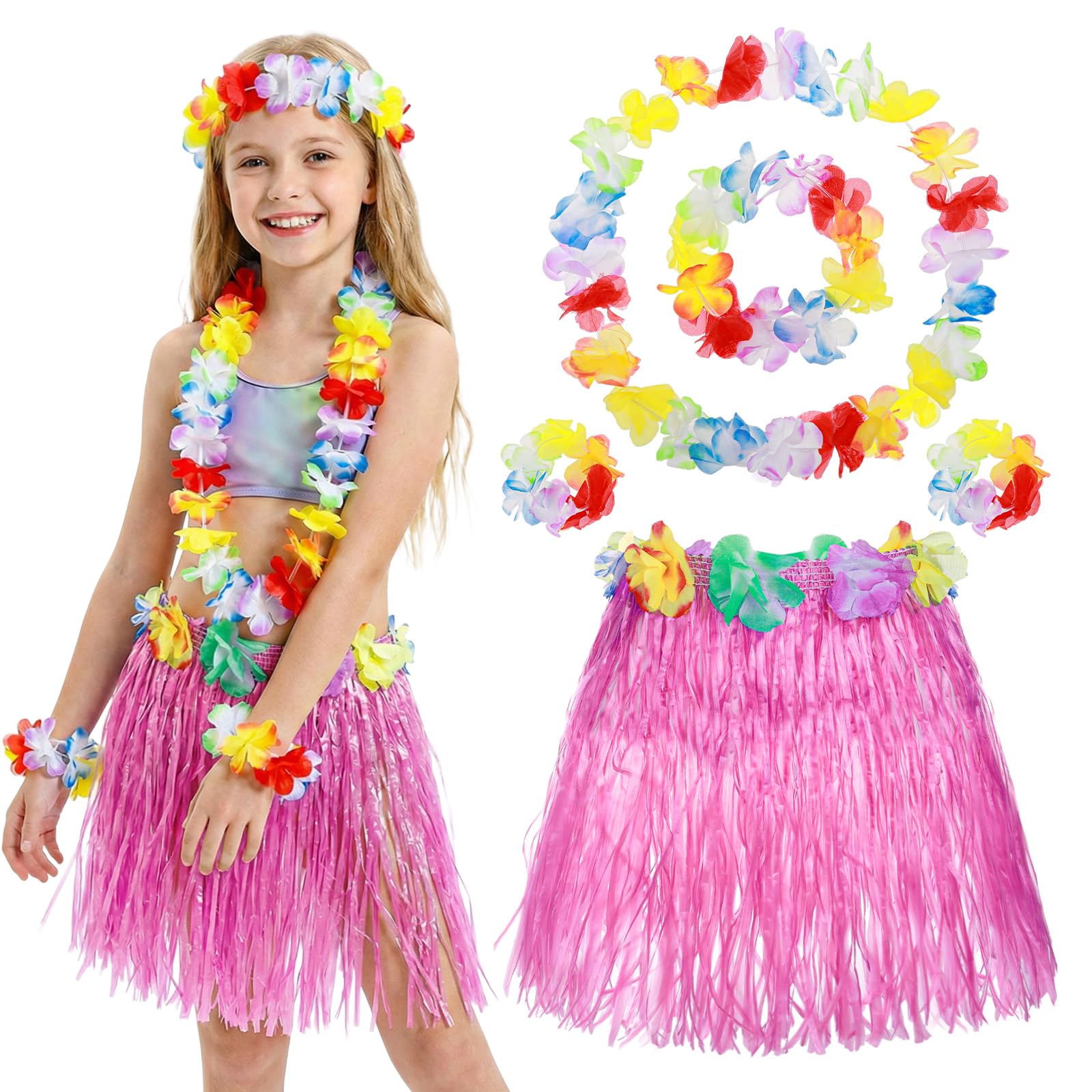 Kynigo Hawaiian Grass Skirt Set for Girls, 40cm Hula Skirt with Elastic Flowers Headband Necklace and Wristbands, Hawaiian Dresses Accessories for Luau Tropical Beach Party Supplies (Pink)