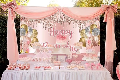 Miniatura 2 de Telón de fondo de feliz cumpleaños de oro rosa rosa con globo rosa plateado con diamante para fotografía de niñas y mujeres, suministros de fiesta