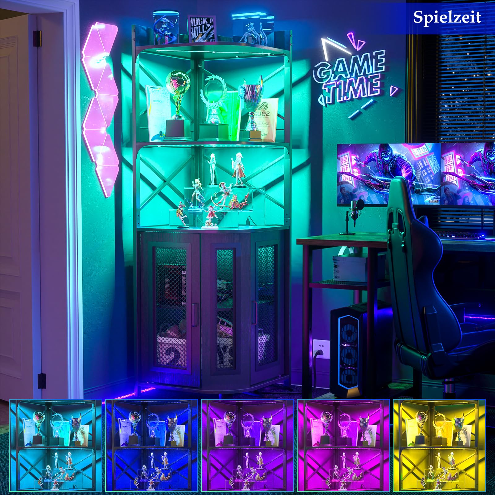 iSunirm Eck-Barschrank mit Steckdose, industrieller Weinschrank mit LED-Streifen und Glashalter, 5-stöckiges Spirituosenregal für Zuhause, Eckvitrine für kleine Räume, Schwarz