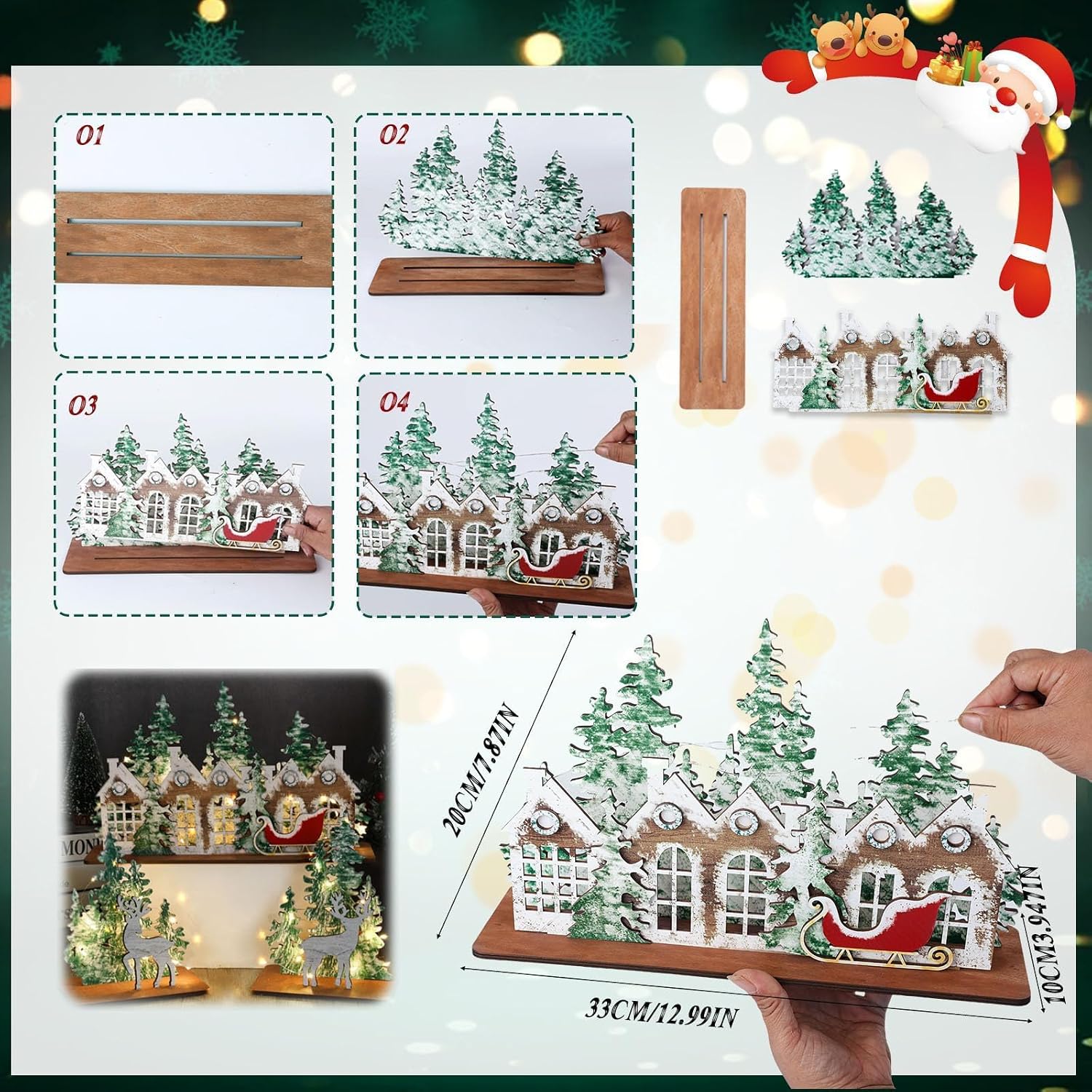 3 PCS Wooden Christmas Village Sets Rustic Christmas Tree and Deer Tabletop Decor with LED Light Snowy Winter Scene Vintage Farmhouse Elk Sleigh Xmas Holiday Decoration for Mantle Home Fireplace Shelf