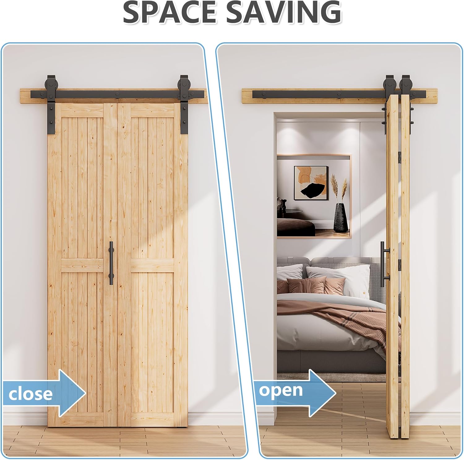 36"x84" No-Assembly Bi fold Barn Door, with 40" Bifold Barn Door Hardware Kit for 2 Doors, Unfinished Solid Spruce Wood Panel, Pre-Drilled and Assembled，Including Handle and Pulls