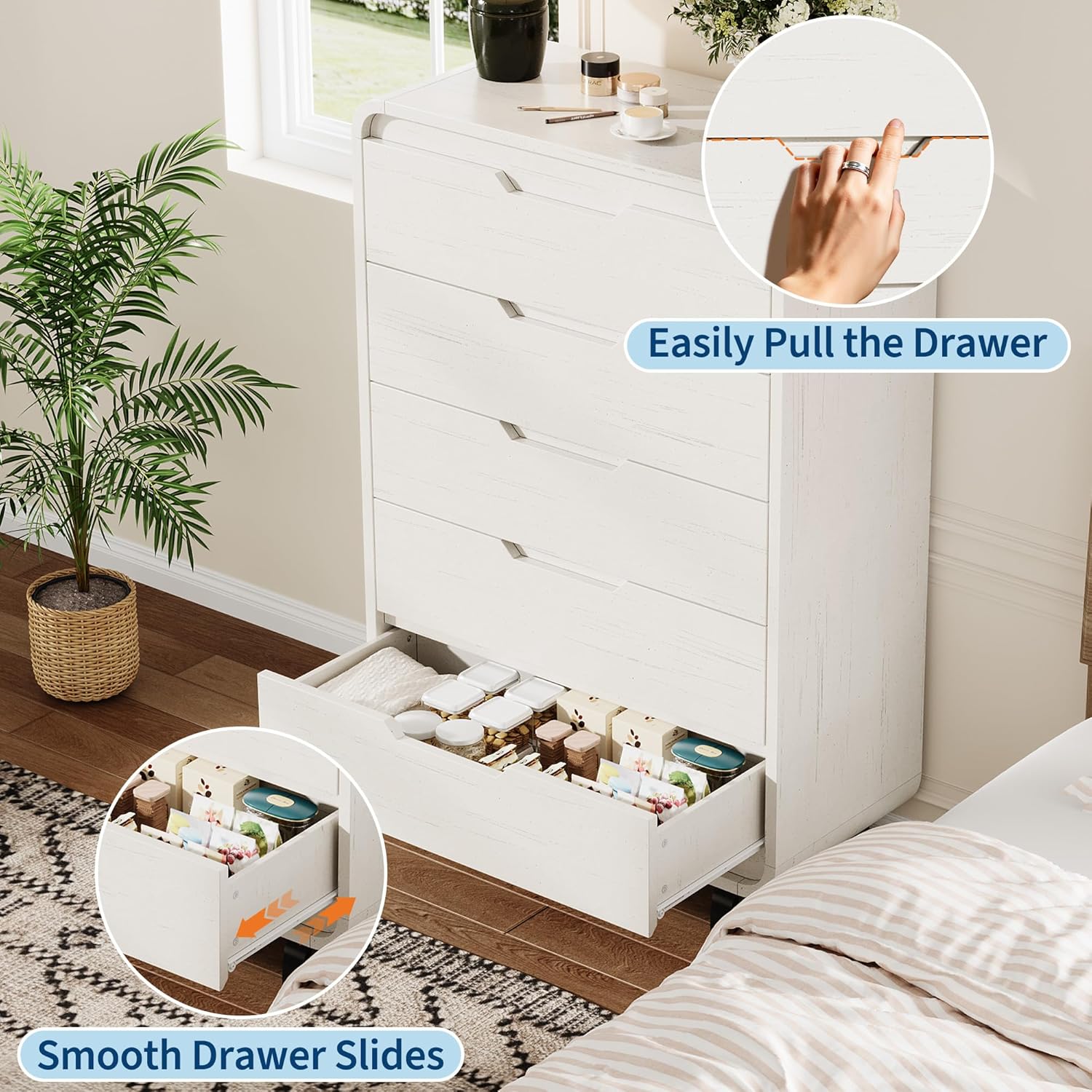 IDEALHOUSE 5 Drawers Dresser for Bedroom, 48" High Modern Chest of Drawers with Large Wood Storage Dresser, Wood Closet Clothes Storage Organizer, White - Image 4