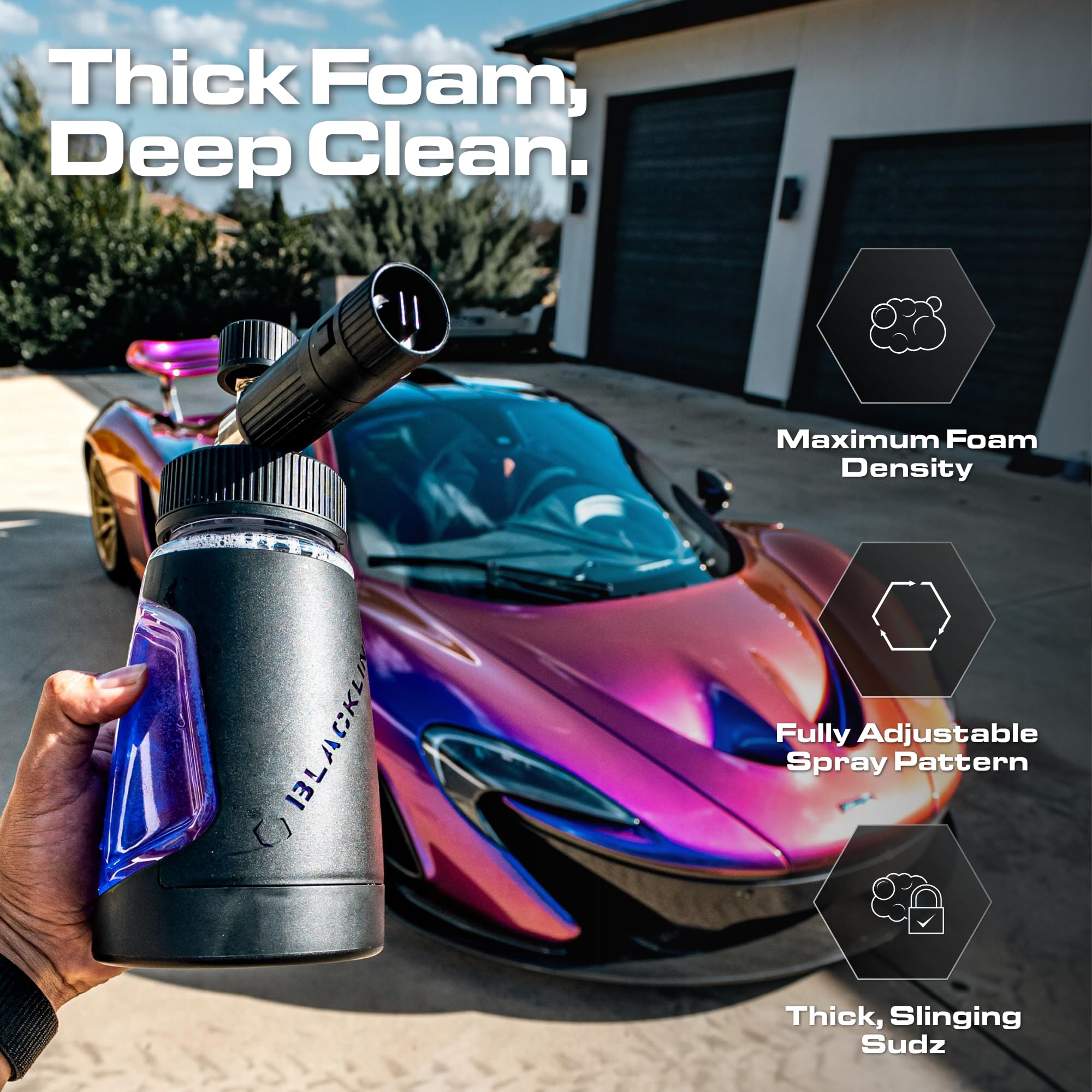 Blackline® Cañón ultra espuma, lanza de espuma de nieve ajustable para lavadora a presión, cañón de espuma de lavado de coche resistente con conexión rápida de 0.25 pulgadas, botella de boca ancha