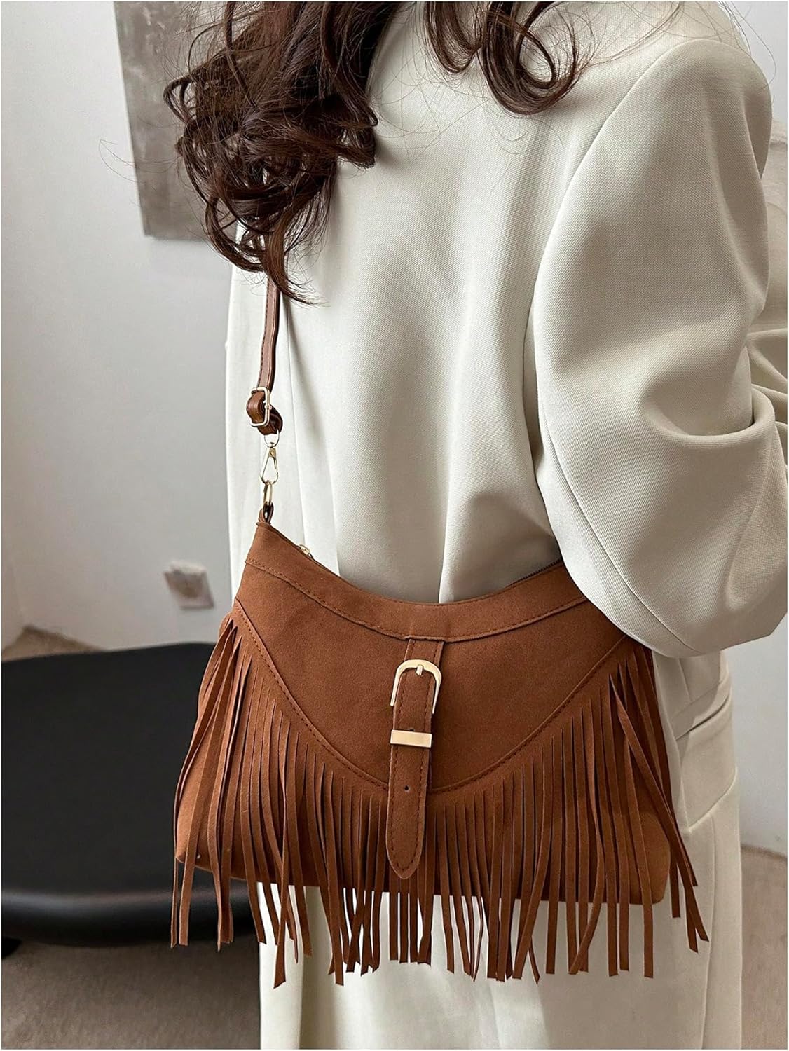 MakeMeChic Women's Faux Suede Crossbody Bag Fringe Adjustable Strap Handbag Purse - Image 3