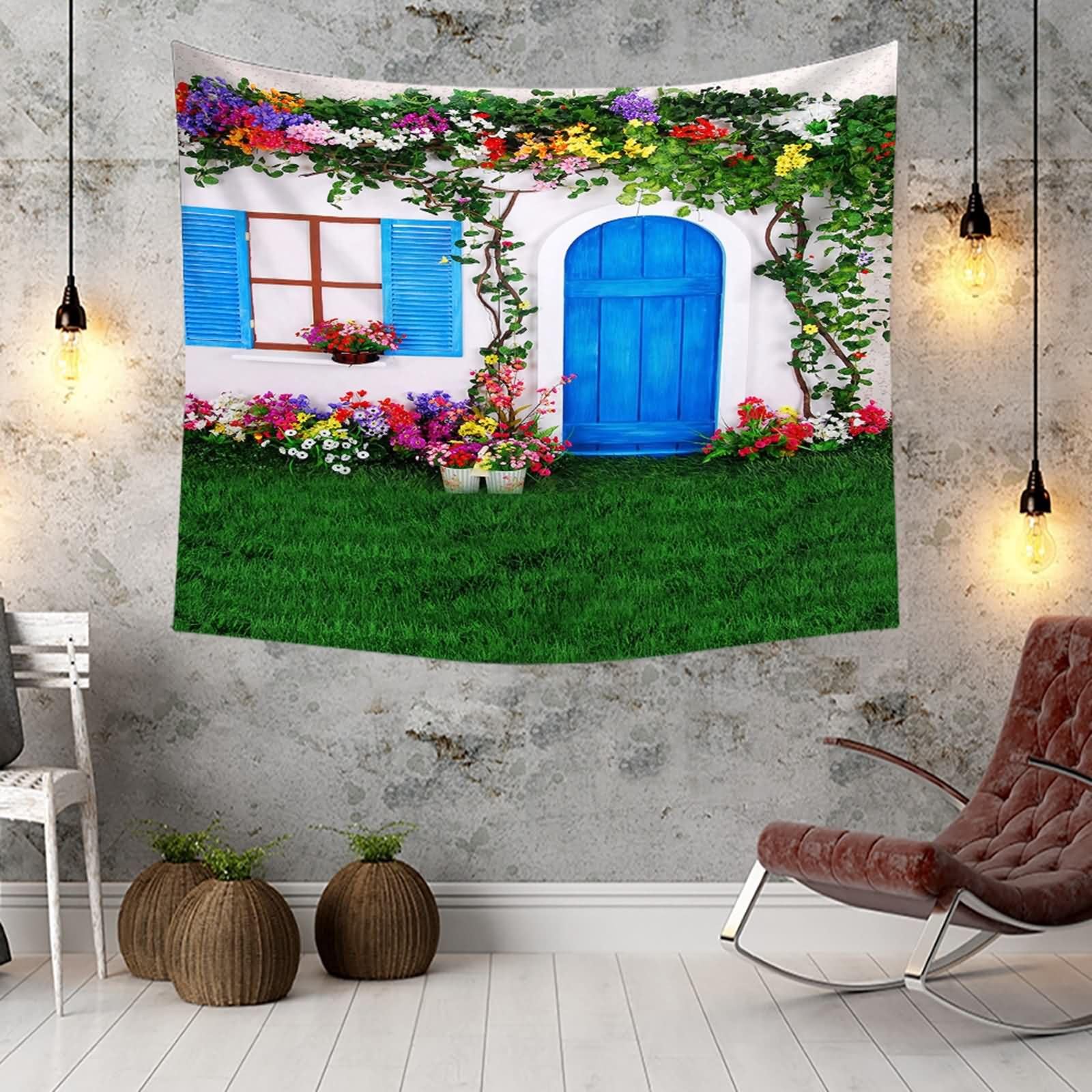 Homxi Tapiz para Sofas Grandes 260 x 240 CM,Paisaje del Patio Tapices Decorativas Poliéster Azul Verde