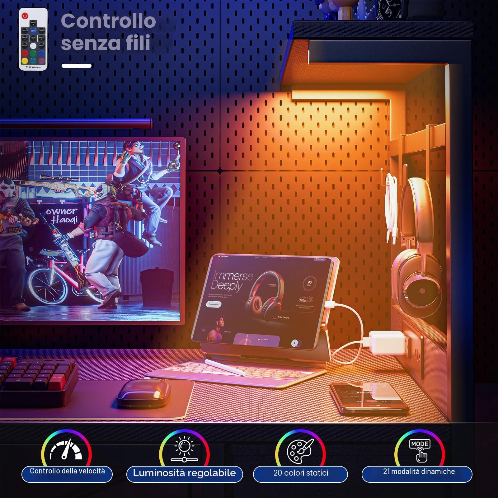 Grandder Scrivania Gaming 100x50cm con Presa di Corrente e Luci LED, Tavolo per PC Compatto con Ripiani Reversibili e Cassetto, Scrivania per Ufficio e Casa con Borsa Portaoggetti, Nero
